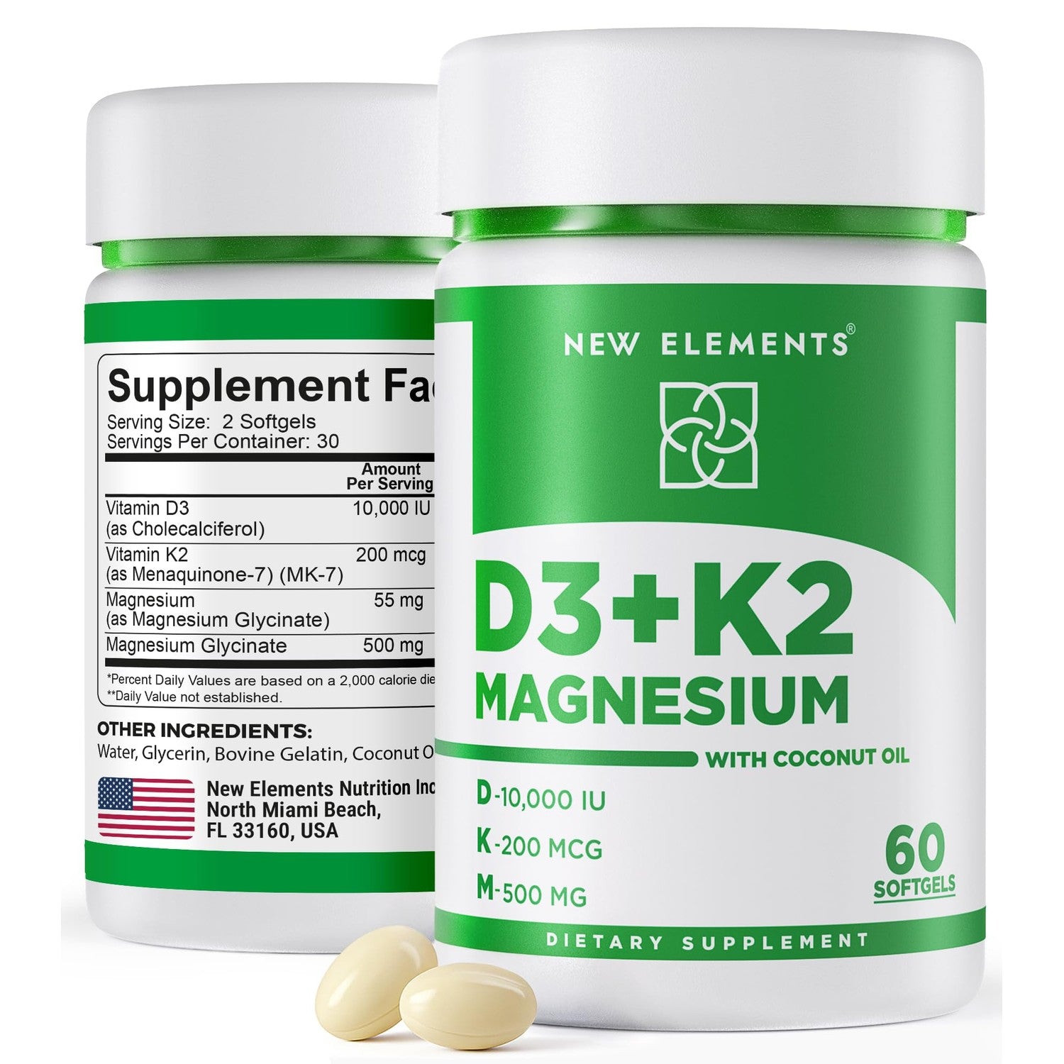 New Elements Vitamin D3 K2 10,000 IU with Magnesium Glycinate 500mg - Bone Health, Immune Support, Energy & Mood - Non-GMO, Gluten-Free, Sugar-Free Softgels for Women & Men (60 softgels)
