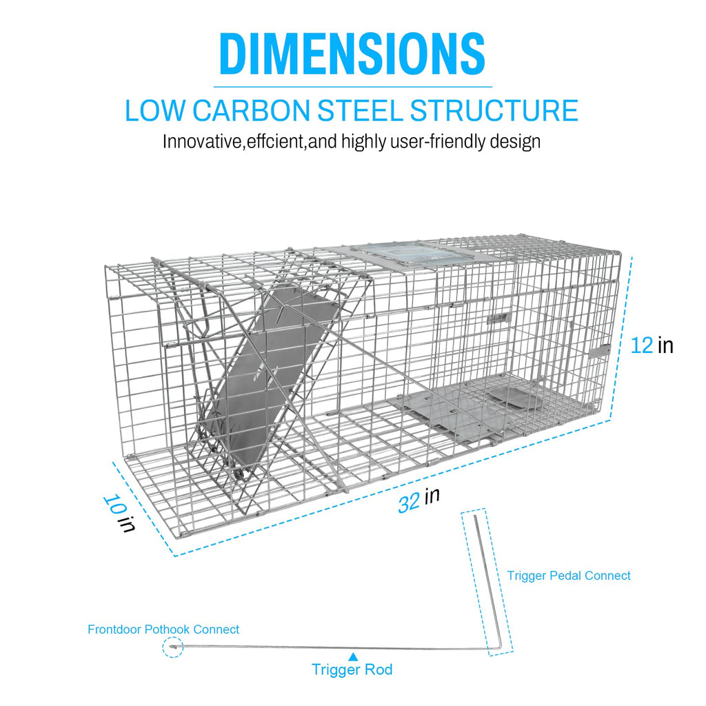 SZHLUX 32" Live Animal Cage Trap, Heavy Duty Folding Raccoon Traps, Humane Cat Trap for Stray Cats, Raccoons, Squirrel, Skunk, Mole, Groundhog, Armadillo, Rabbit, Catch and Release