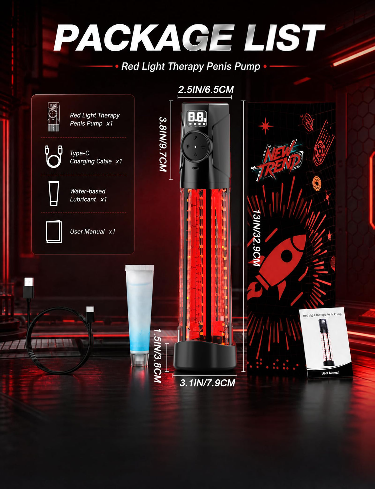 Electric Red Light Vacuum Penis Pump Enlarge Training Upgraded 72 LEDs
