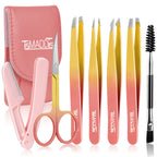 TsMADDTs 7 pcs Tweezers Set for Women Facial Hair, Precision Tweezer for Eyebrows with Curved Scissor and Eyebrow Razor for Ingrown Hair, Pink&Yellow