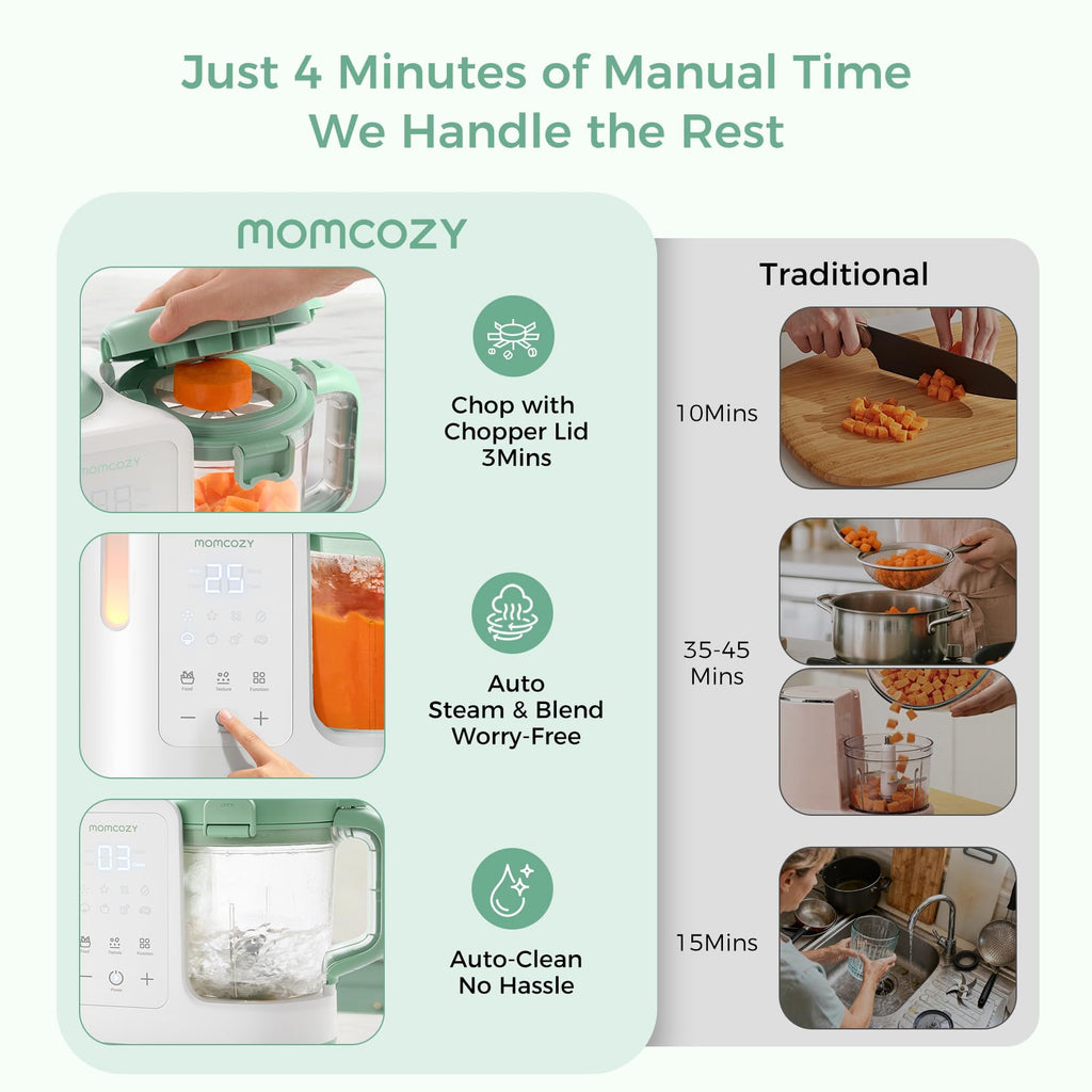 Momcozy AutoMeal Baby Food Maker – One-Step Auto Steam & Blend Food Processor, 15oz Large Cup & 6-Blade Design, Self-Cleaning, Auto 3-Stage Texture Settings for Effortless Homemade Baby Puree