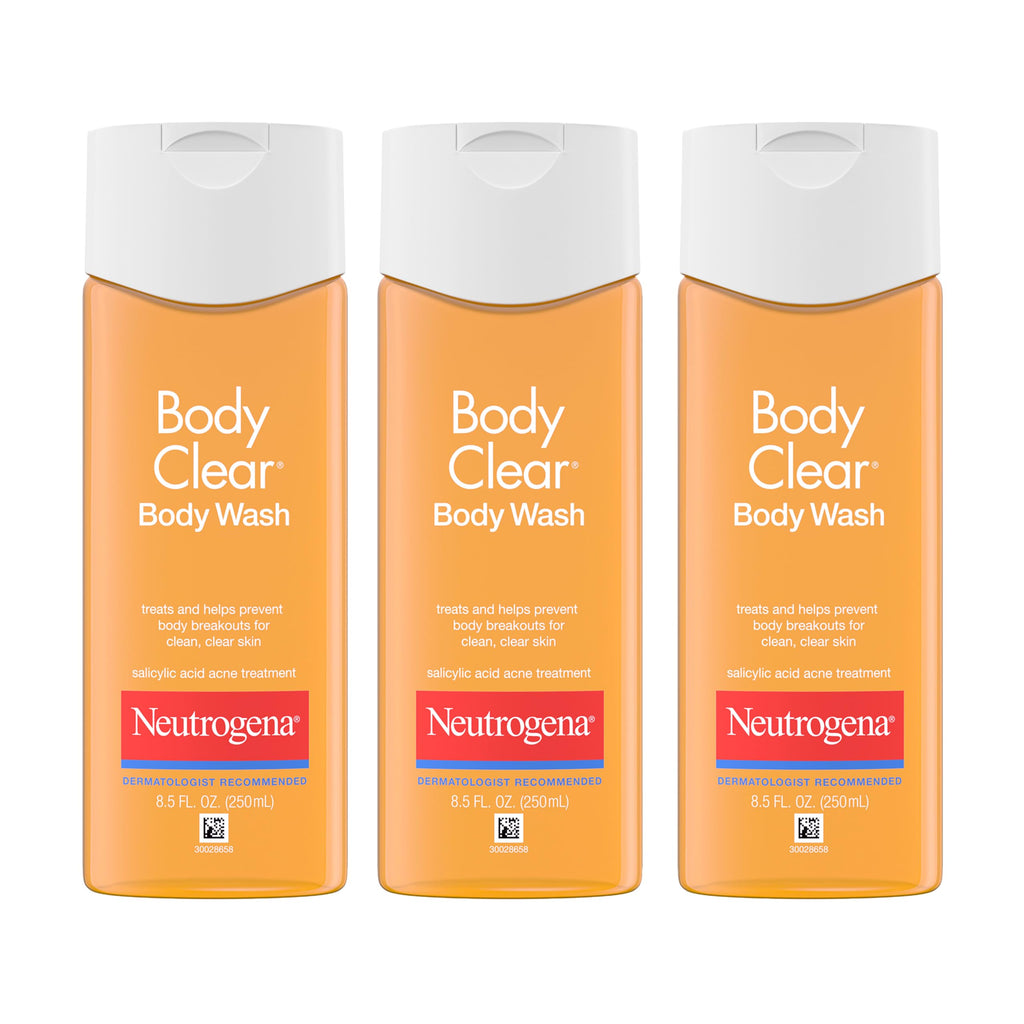 Neutrogena Body Clear Acne Body Wash, 3 x 8.5 fl oz | 2% Salicylic Acid & Glucerin, Oil Free, Breakouts on Back Chest & Shoulders, Non-Comedogenic, Gentle on Skin