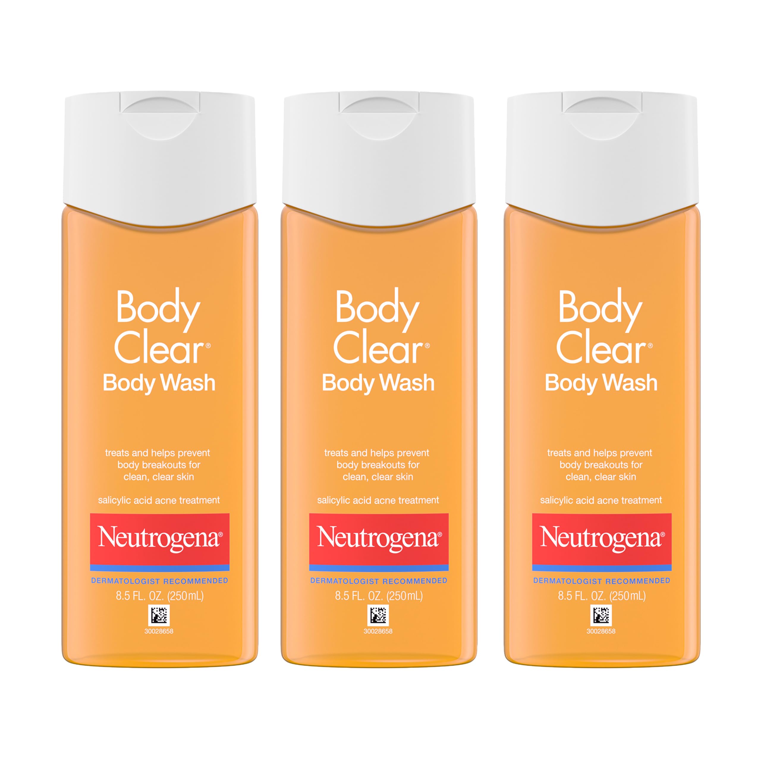 Neutrogena Body Clear Acne Body Wash, 3 x 8.5 fl oz | 2% Salicylic Acid & Glucerin, Oil Free, Breakouts on Back Chest & Shoulders, Non-Comedogenic, Gentle on Skin