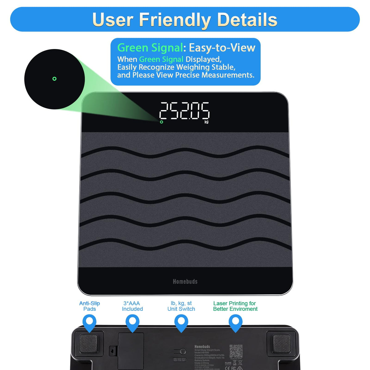 Homebuds 660lb Scale for Body Weight, Precision 0.1lb by Our Professional Scale Factory Since 2001, Smart Digital Weight Scale BMI Via APP, 8mm Non Slip Tempered Glass 12.4 * 12.4in, LED, Black