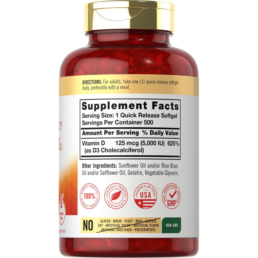 Carlyle Vitamin D3 5000 IU Softgels | 500 Count | Value Size | Non-GMO and Gluten Free Supplement | High Potency Formula | 125mcg