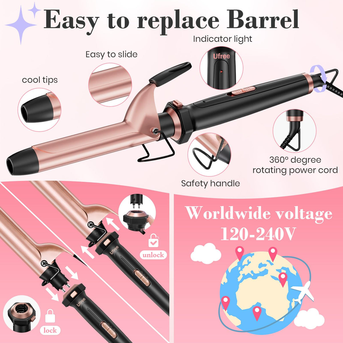 Ufree 3-in-1 Curling Iron Wand Set, Thermal Brush Hair, Straightener