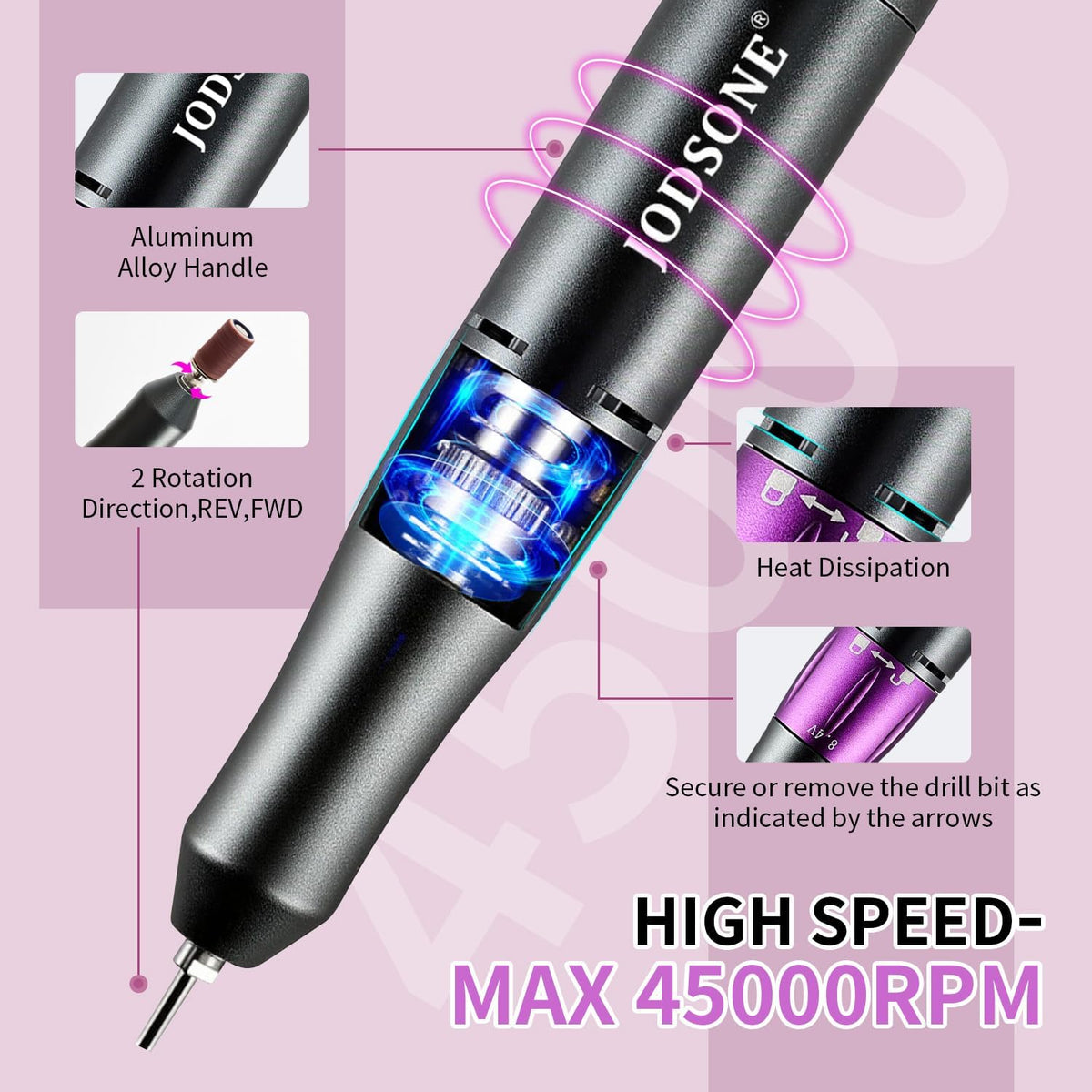 JODSONE Professional Nail Drill 45000 RPM Rechargeable Nail File for Nail Gel Removal Low Noise Portable for Home and Salon