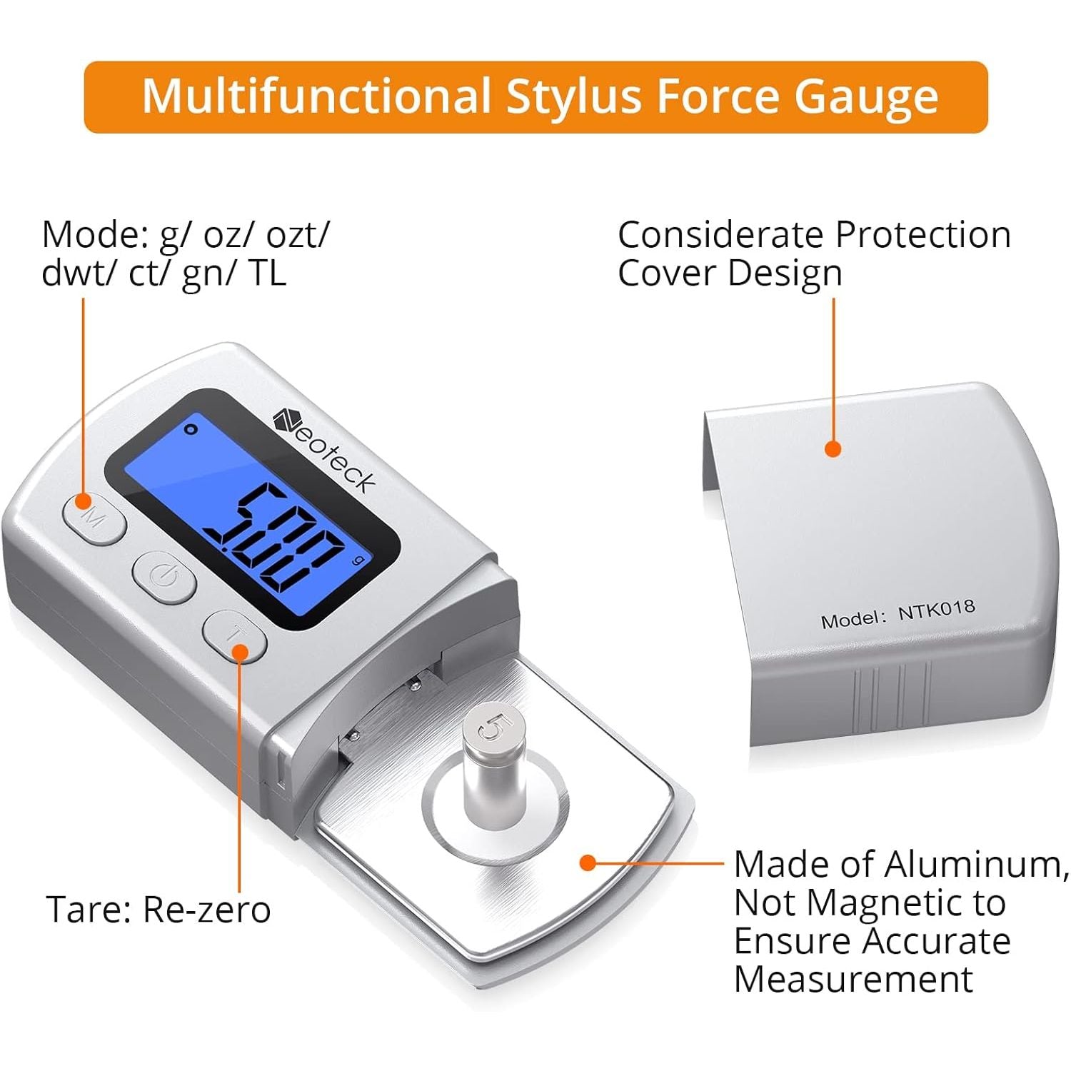 Buy now Neoteck Digital Turntable Stylus Force Gauge 0.01g/5.00g with Blue LCD Backlight Turntable Stylus Pressure Gauge with 5g Weight & Leather Case Accurate Tracking for Tonearm Phono Cartridge-Silver at indiglob india