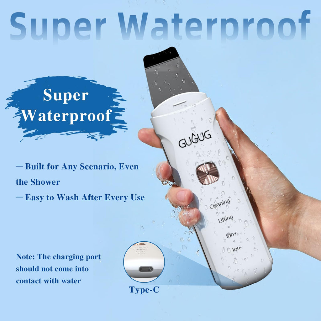 GUGUG Waterproof Skin Scrubber 4-in-1 Facial Spatula Pore Cleaner for Face | Blackhead remover with 4 modes,rounded stainless steel head,10-minute auto-off,Type-C charging and 2 silicone attachments.