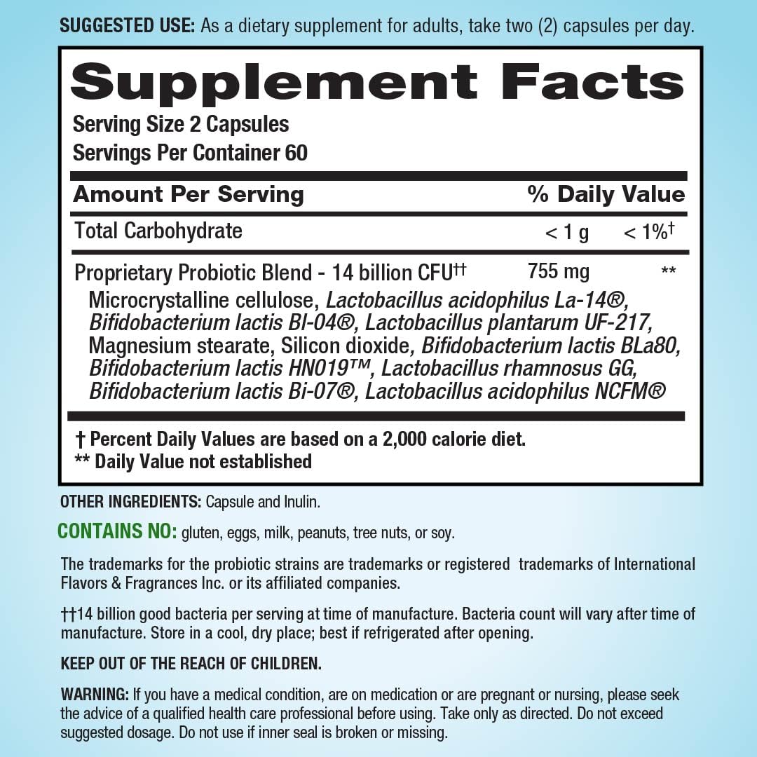 PB8 Probiotic | 14 Billion CFU | 120 Capsules | 8 Strains | for Women and Men | Gluten, Soy, and Milk Free Supplement