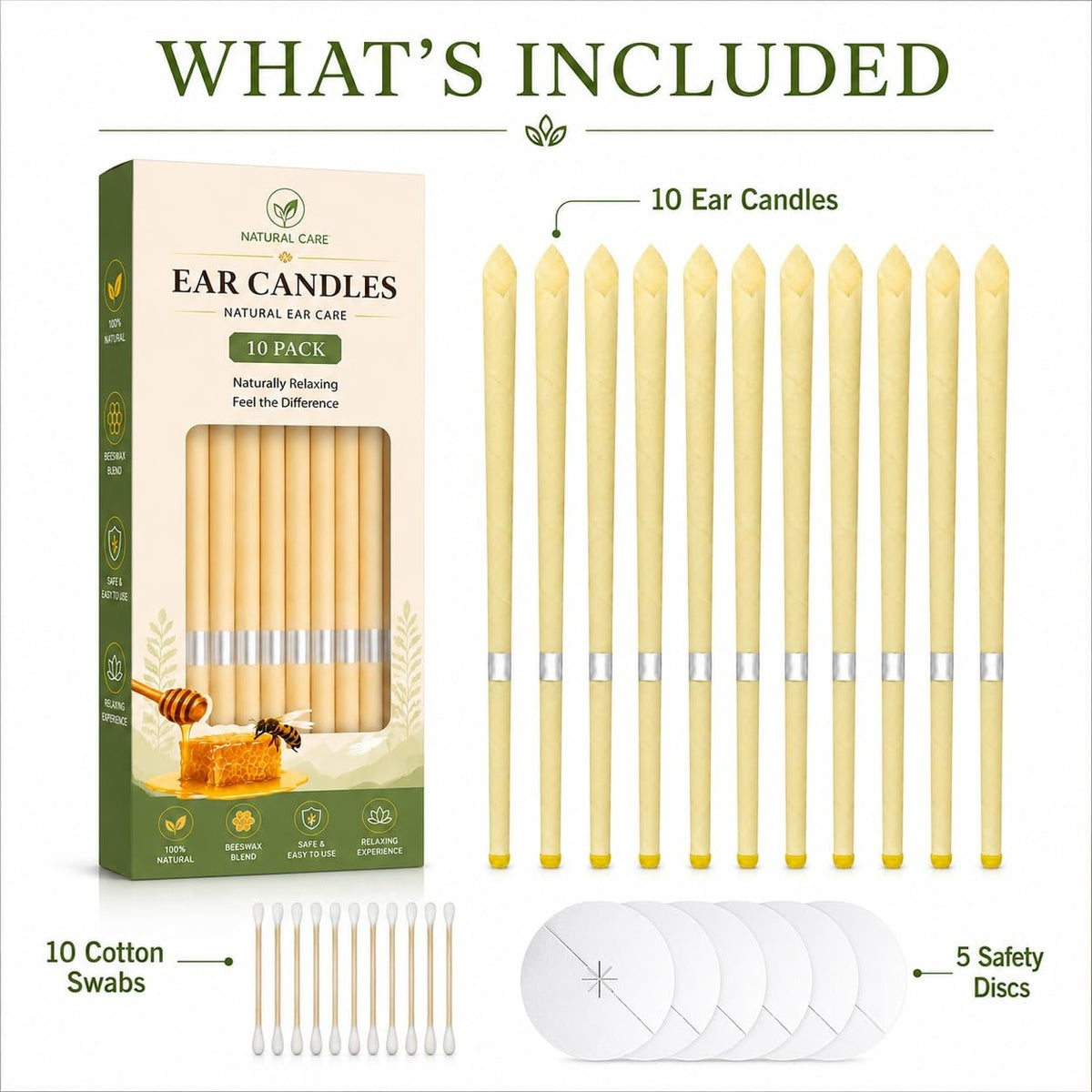 10 Pcs Ear Wax Removal Kit Ear Candle with Protective Discs, Storage Box & Cotton Swabs, Natural SPA Relaxation Candles Set for Home Use