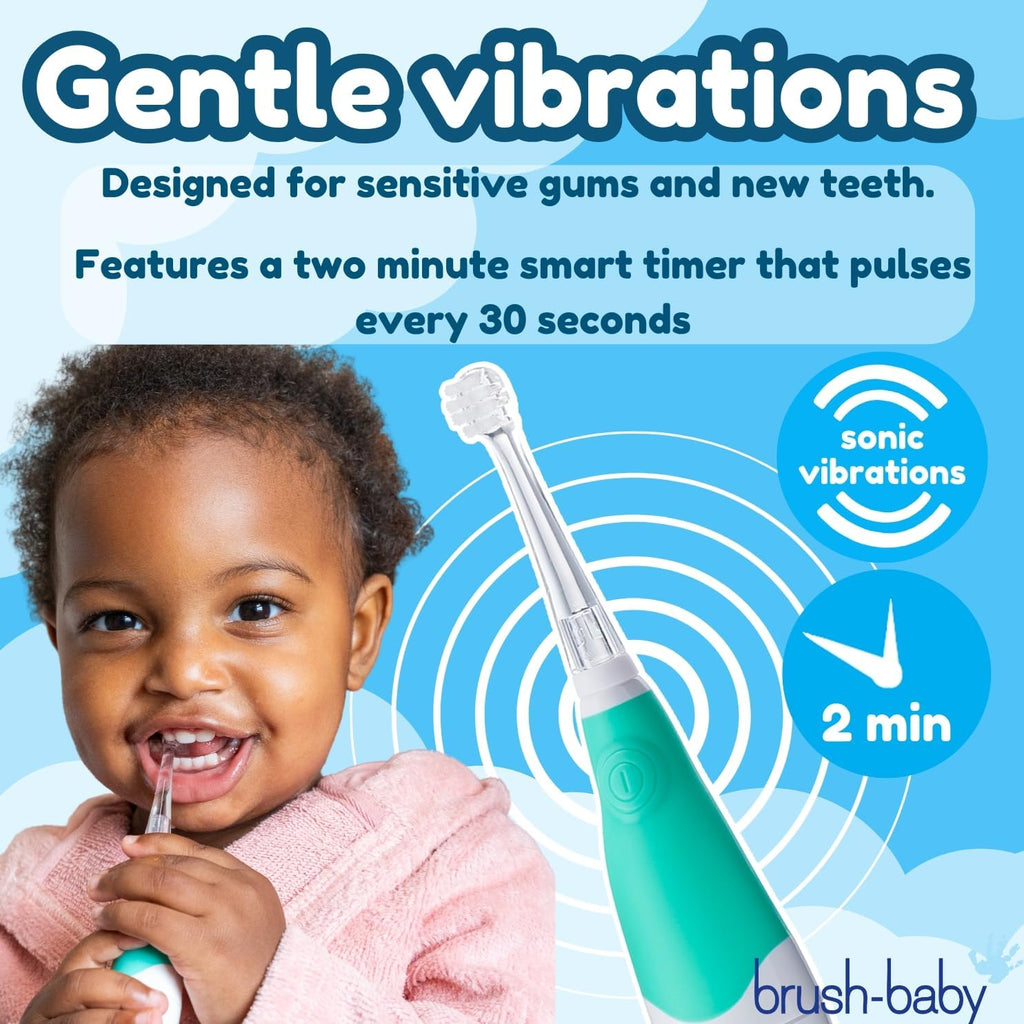 Buy now brush-baby BabySonic Infant and Toddler Electric Toothbrush for Ages 0-3 Years - Smart LED Timer and Gentle Vibration Provide a Fun Brushing Experience - Includes 2 Sensitive Brush Heads (Teal) at indiglob india