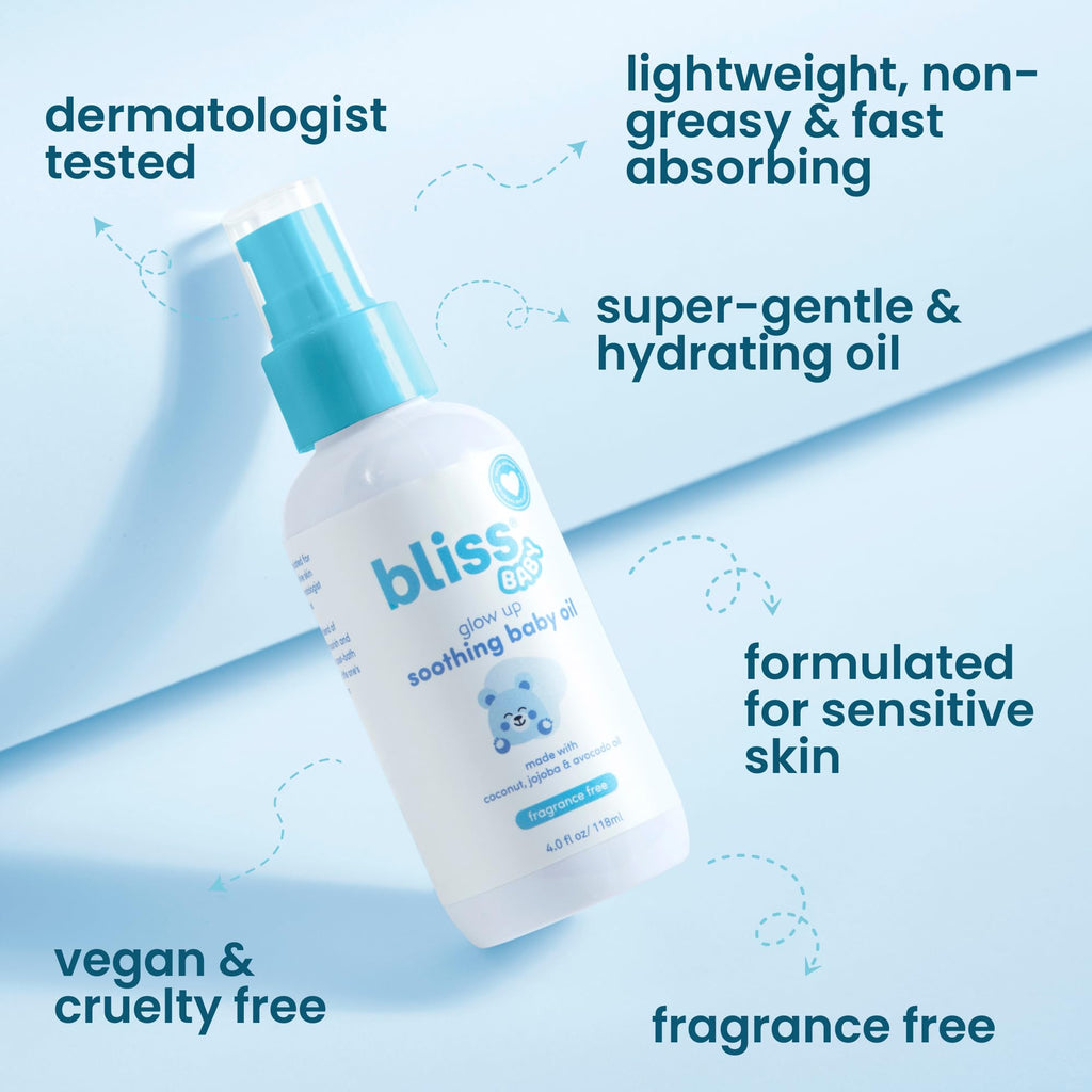 Bliss Baby Oil, All Natural, Premium & Unscented, Vegan - Made with Organic Avocado Oil, Coconut Oil, Dermatologist Tested, Soothing & Hydrating Baby Massage Oil, Travel Size 4 fl. Oz.