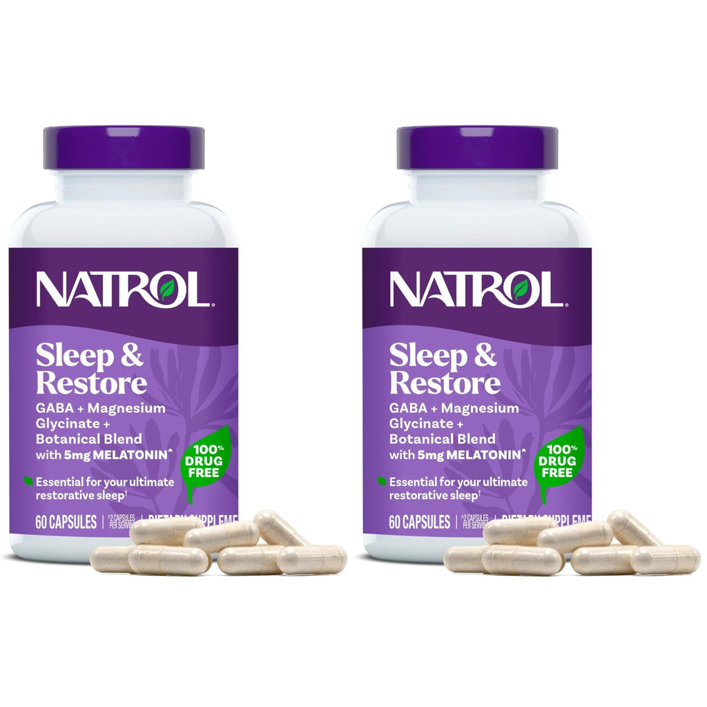 Natrol Sleep & Restore Magnesium and 5mg Melatonin Sleep Aid, 60 Capsules | Nighttime Sleep-Aid, Support Relaxation, Calm Magnesium Glycinate, with GABA, Botanical Blend, 100% Drug-Free, 30 Day Supply