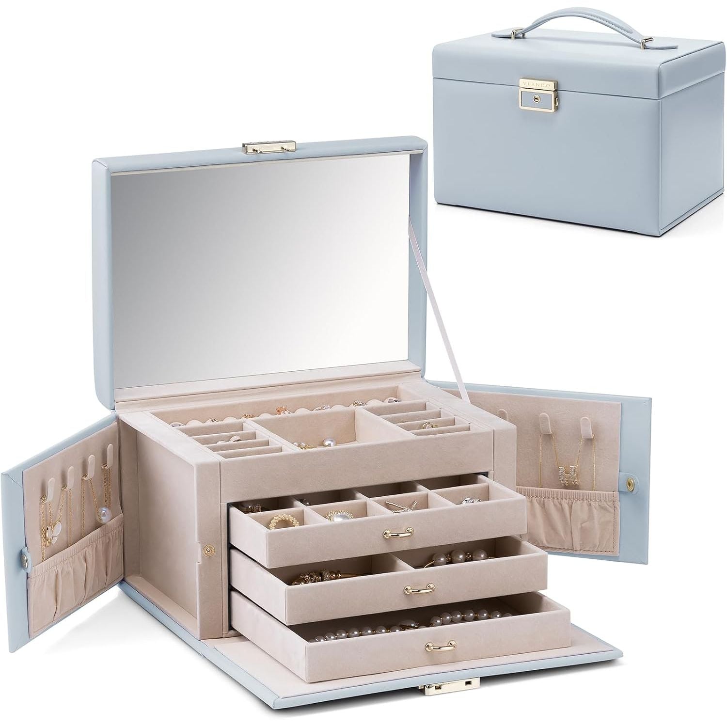 Buy now Vlando Jewelry Box Organizer for Girls Women, Large Baroque Jewelry Holder Organizer with Mirror, 3 Drawers for Bracelets, Earrings, Rings, Necklaces, Mothers Day for Loved One, Pink K. Light Blue at indiglob india