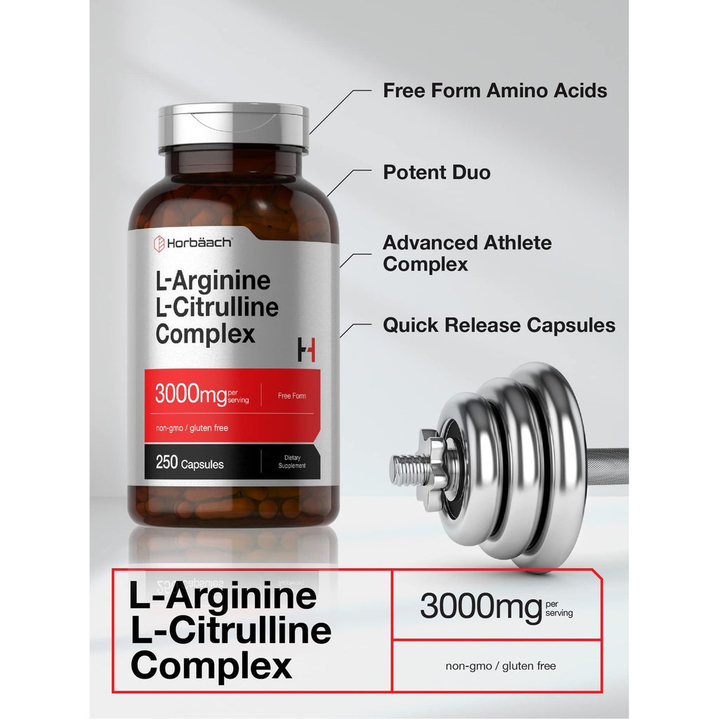 Horbäach L-Arginine L-Citrulline Complex | 3000mg | 250 Capsules | Non-GMO, Gluten Free Supplement