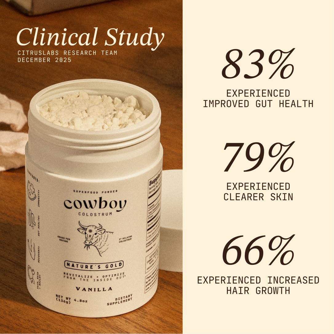 Cowboy - The Exclusive 1st Milking, Whole, Grass Fed Colostrum Supplement for Full Body Health - Bovine Colostrum Powder Packed w/Bioactive Nutrients - Sugar Free (Vanilla, 40 Servings)