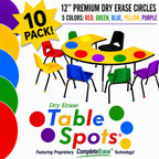 NEW Larger Size! | The Original Table Spots for Teachers | No Staining, No Shadowing, Complete Erase! Dry Erase, 10 Pack Multicolor Circles, Wall Stickers, Decals