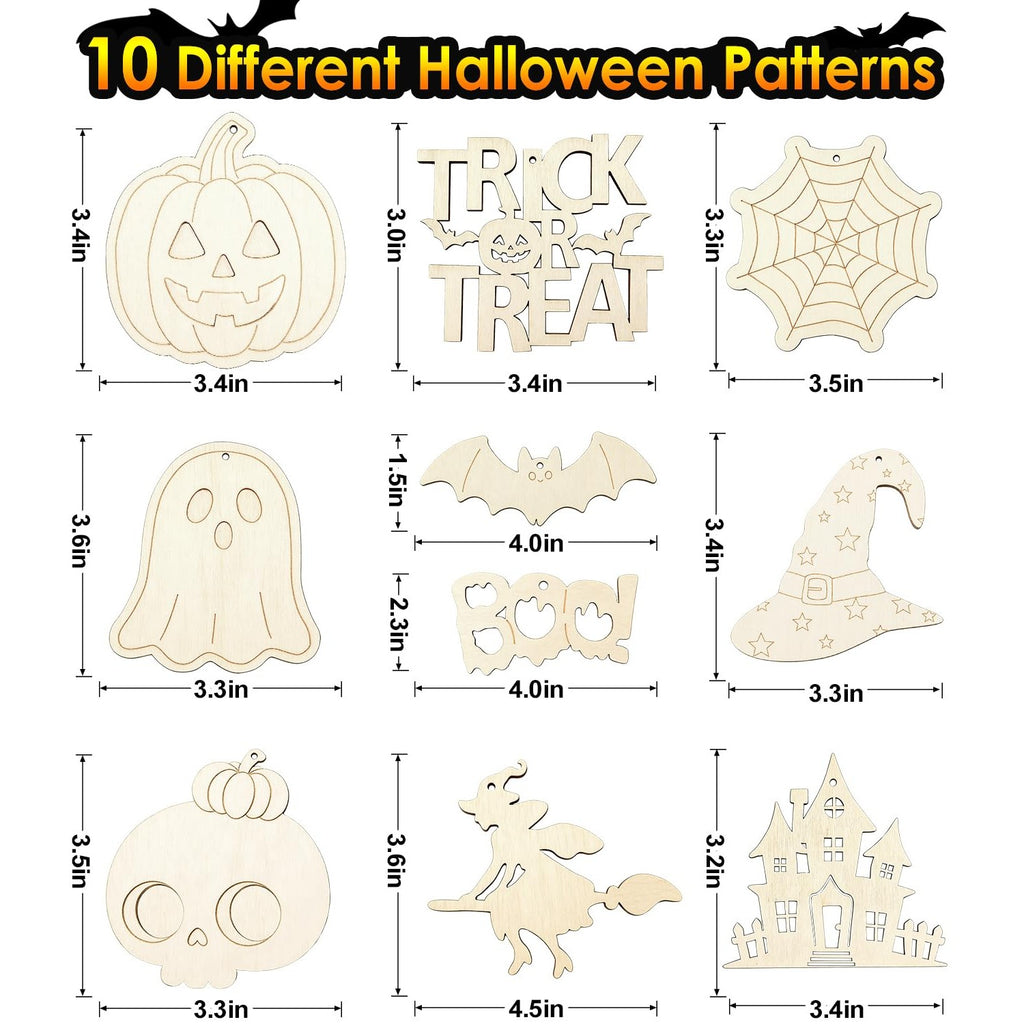 WOHOHOHO 45PCS 10 Designs Halloween Unfinished Paintable Blank with Tray