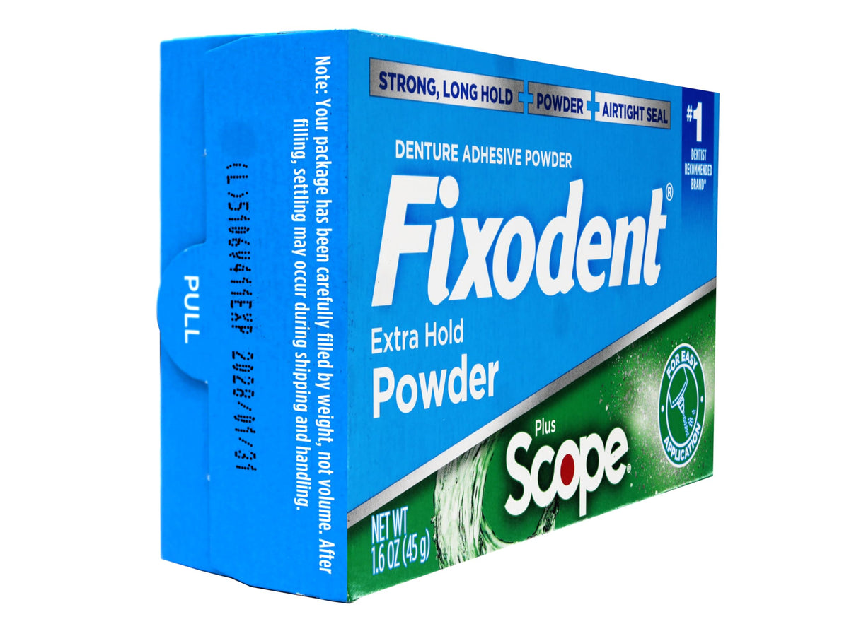 Fixodent Denture Adhesive Powder, Extra Strong, Plus Scope, Strong, Long Hold Powder, Airtight Seal, 1.6 OZ, Pack of 3
