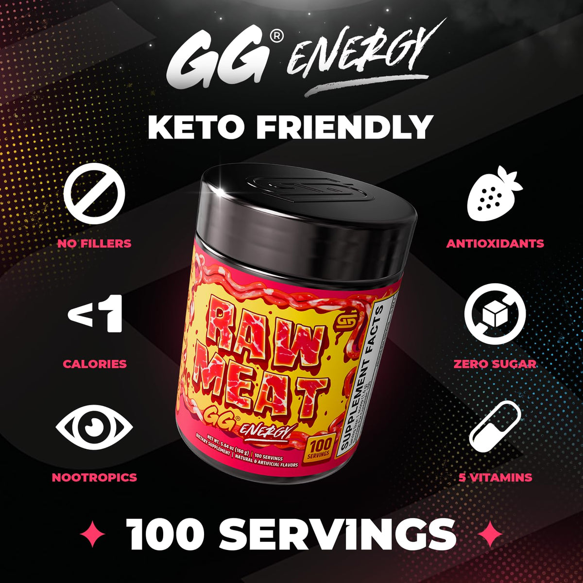 Gamer Supps GG Energy - Raw Meat by MeatCanyon (100 Servings) - Keto Friendly Gaming Energy and Nootropic Blend, Sugar Free + Caffeine + Vitamins + Immune Support, Powder Drink