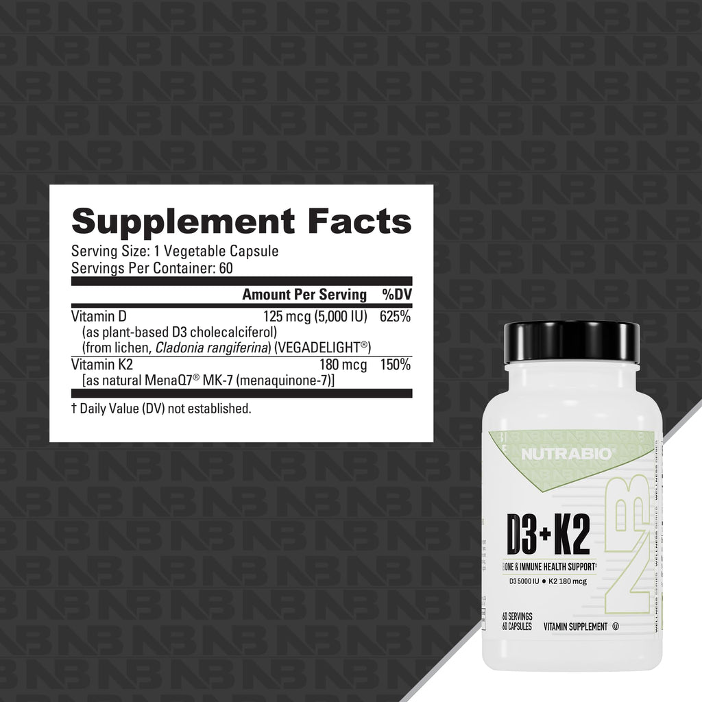 NutraBio Vitamin D3 K2 | 5000 IU D3 as Cholecalciferol with Vitamin K2 as MENA-Q MK7 (180mcg) | Support Bone and Heart Health | Non-GMO, Gluten Free, Lactose Free | 60 Vegetable Capsules