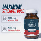 BioActive Vitamin B12 - 5000 mcg, Contains 3 BioActive Forms Methylfolate Cofactor - Methyl B12, Adenosyl B12 & Hydroxy B12 | Supports Energy, Metabolism & Mood | Vegan, Non-GMO (60 Servings)
