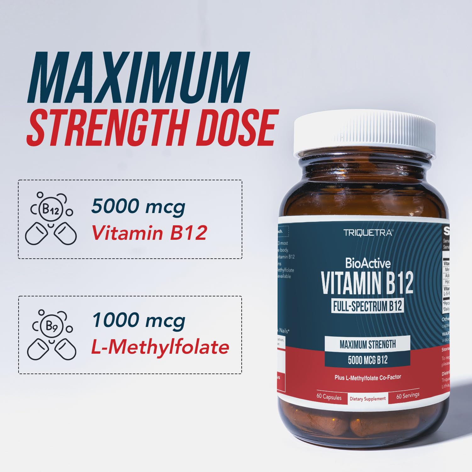 BioActive Vitamin B12 - 5000 mcg, Contains 3 BioActive Forms Methylfolate Cofactor - Methyl B12, Adenosyl B12 & Hydroxy B12 | Supports Energy, Metabolism & Mood | Vegan, Non-GMO (60 Servings)
