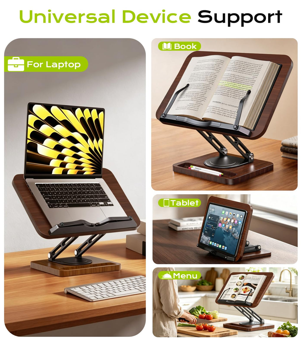 LOXP Book Stand with Storage, 360° Rotating Cookbook Stand, Ergonomic