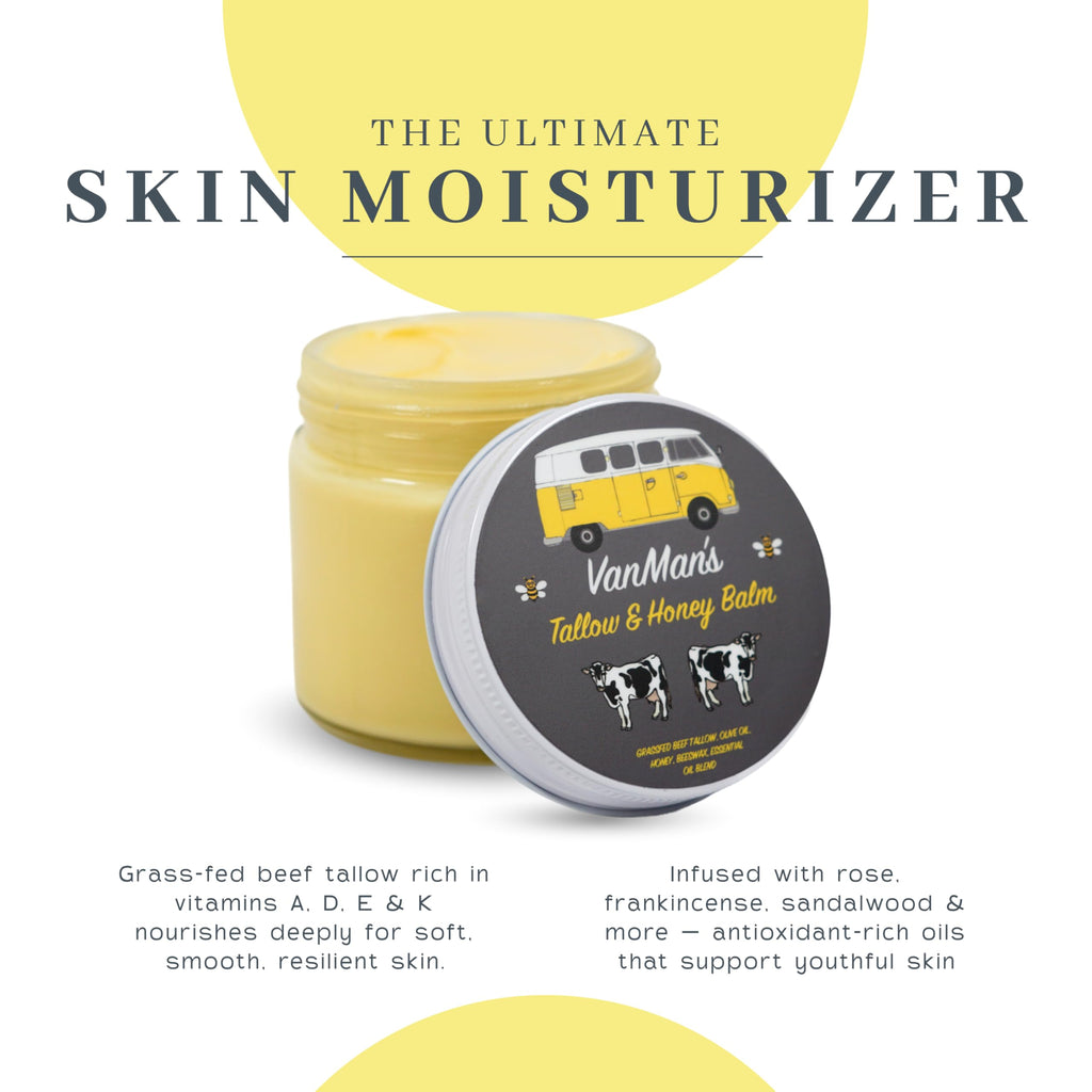 Discover Vanman's Tallow and Honey Balm, a rich skin moisturizer infused with natural oils, available for order online.