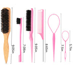 6PCS Hair Styling Tools Kit, Boar Bristle Wooden Brush, Rat Tail Metal Pin Parting Comb Edge Control Brush,Bristle Teasing Hair Brush Topsy Tail Loop Tools for Women Braiding & Edge Styling