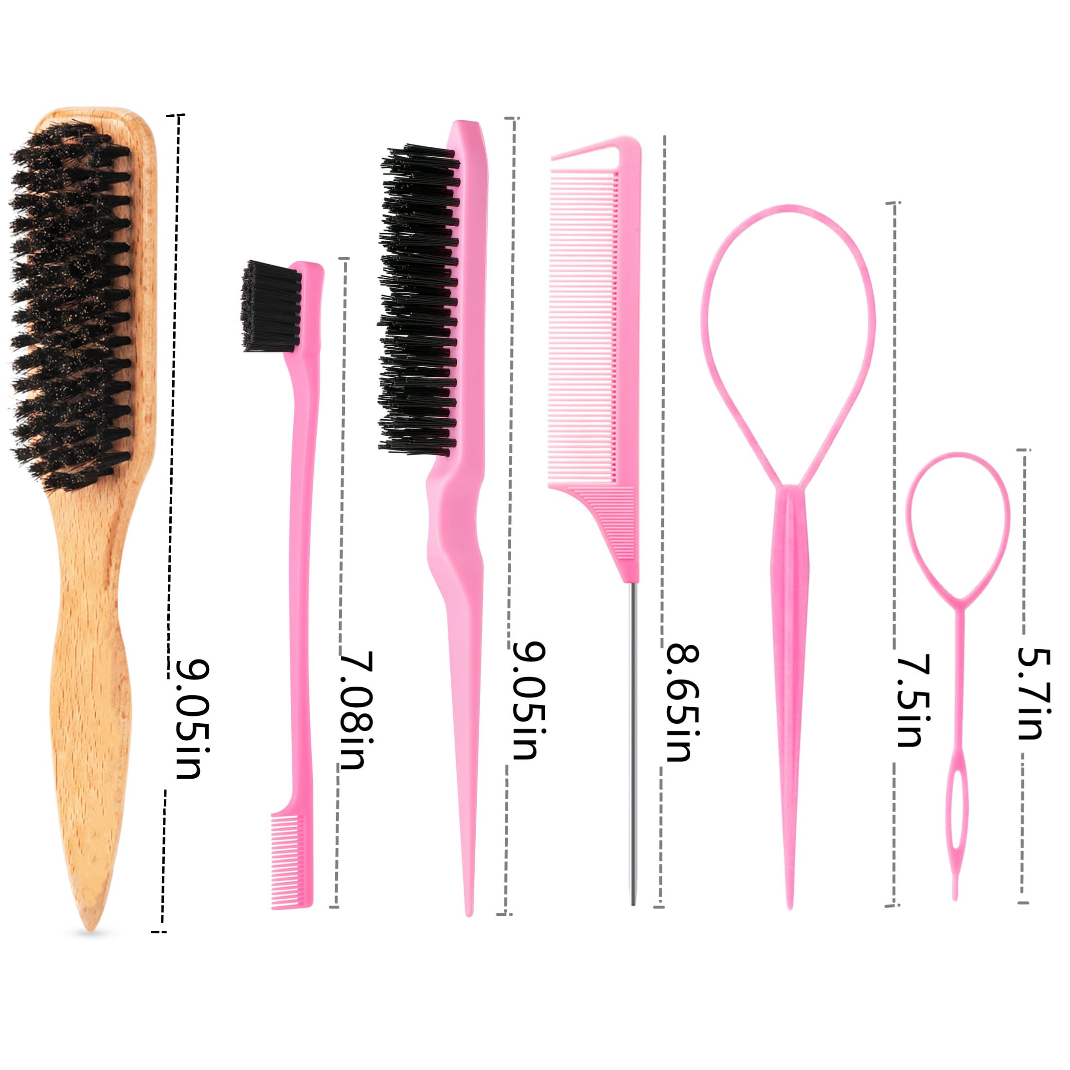 6PCS Hair Styling Tools Kit, Boar Bristle Wooden Brush, Rat Tail Metal Pin Parting Comb Edge Control Brush,Bristle Teasing Hair Brush Topsy Tail Loop Tools for Women Braiding & Edge Styling