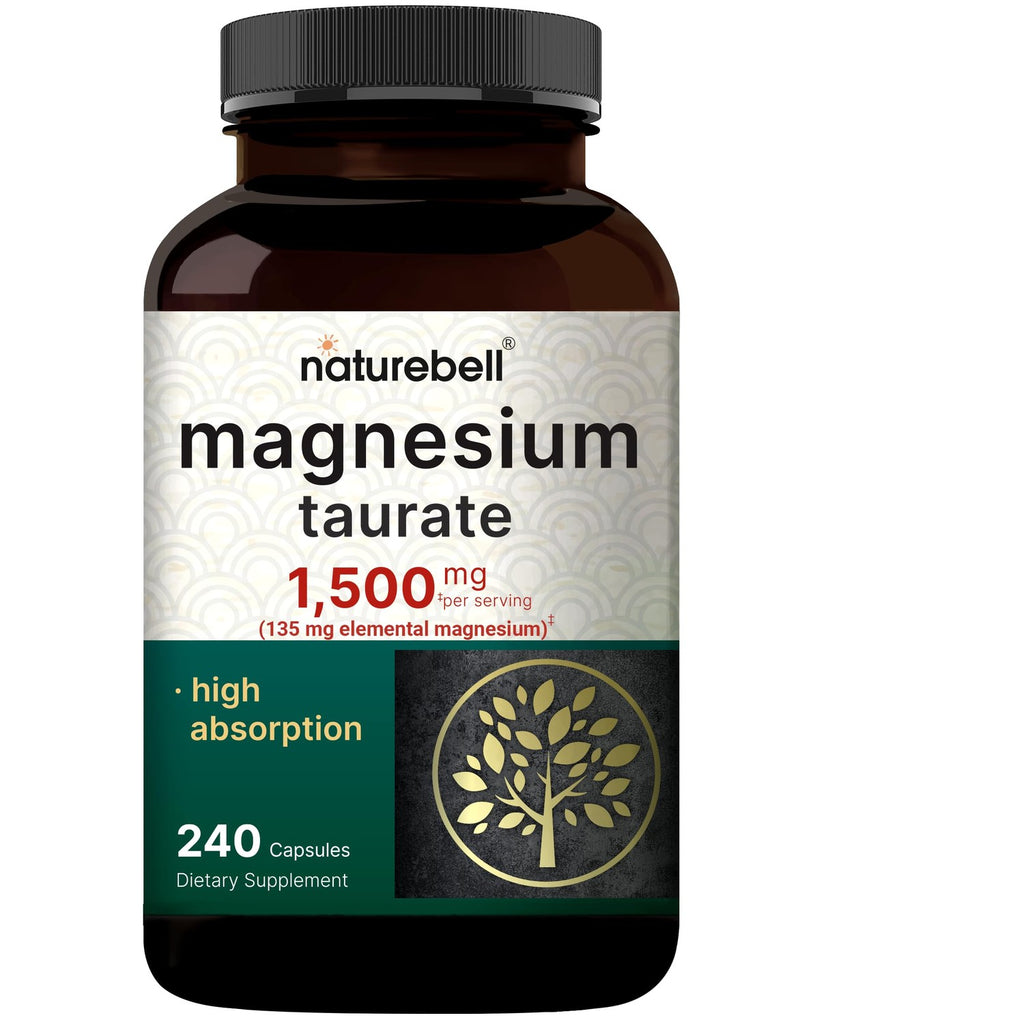 NatureBell Magnesium Taurate - 240 Capsules - 1,500mg High Absorption Chelated Formula - with Amino Acid Taurine - Heart Health, Nervous System, Muscle & Bone Health Support*