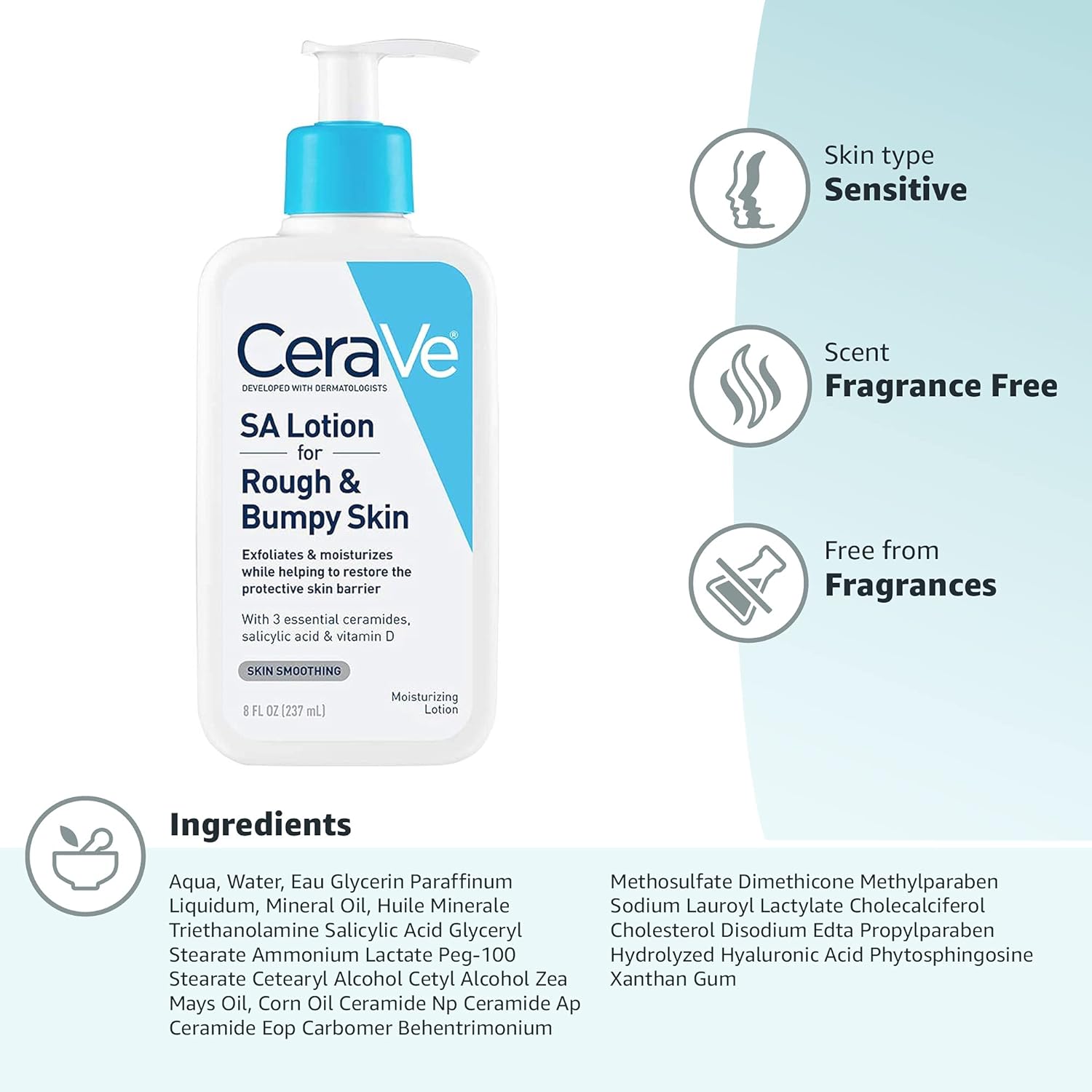 Buy now CeraVe SA Lotion for Rough & Bumpy Skin, Vitamin D, Hyaluronic Acid, Lactic Acid & Salicylic Acid Lotion, Fragrance Free & Allergy Tested, 8 Ounce at indiglob india