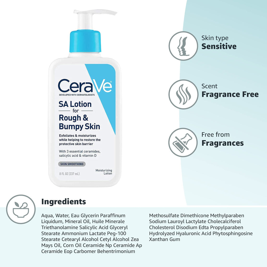 CeraVe Salicylic Acid Lotion, Body Lotion for Rough & Bumpy Skin, 8oz | Skin Care, Smooths Rough Skin with Vitamin D, Hyaluronic Acid and Lactic Acid In A Fragrance Free, Allergy Tested Formula