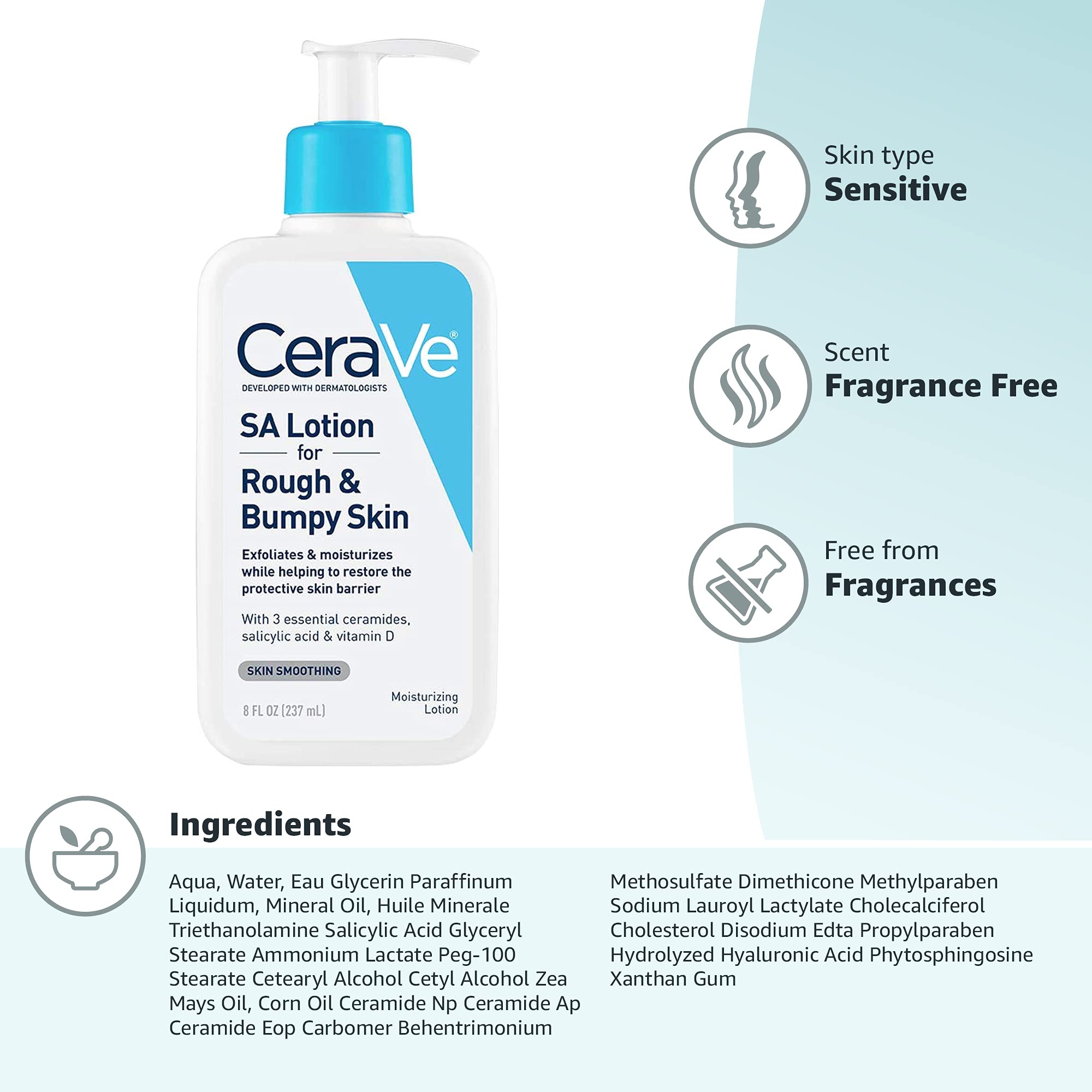 CeraVe Salicylic Acid Lotion, Body Lotion for Rough & Bumpy Skin, 8oz | Skin Care, Smooths Rough Skin with Vitamin D, Hyaluronic Acid and Lactic Acid In A Fragrance Free, Allergy Tested Formula