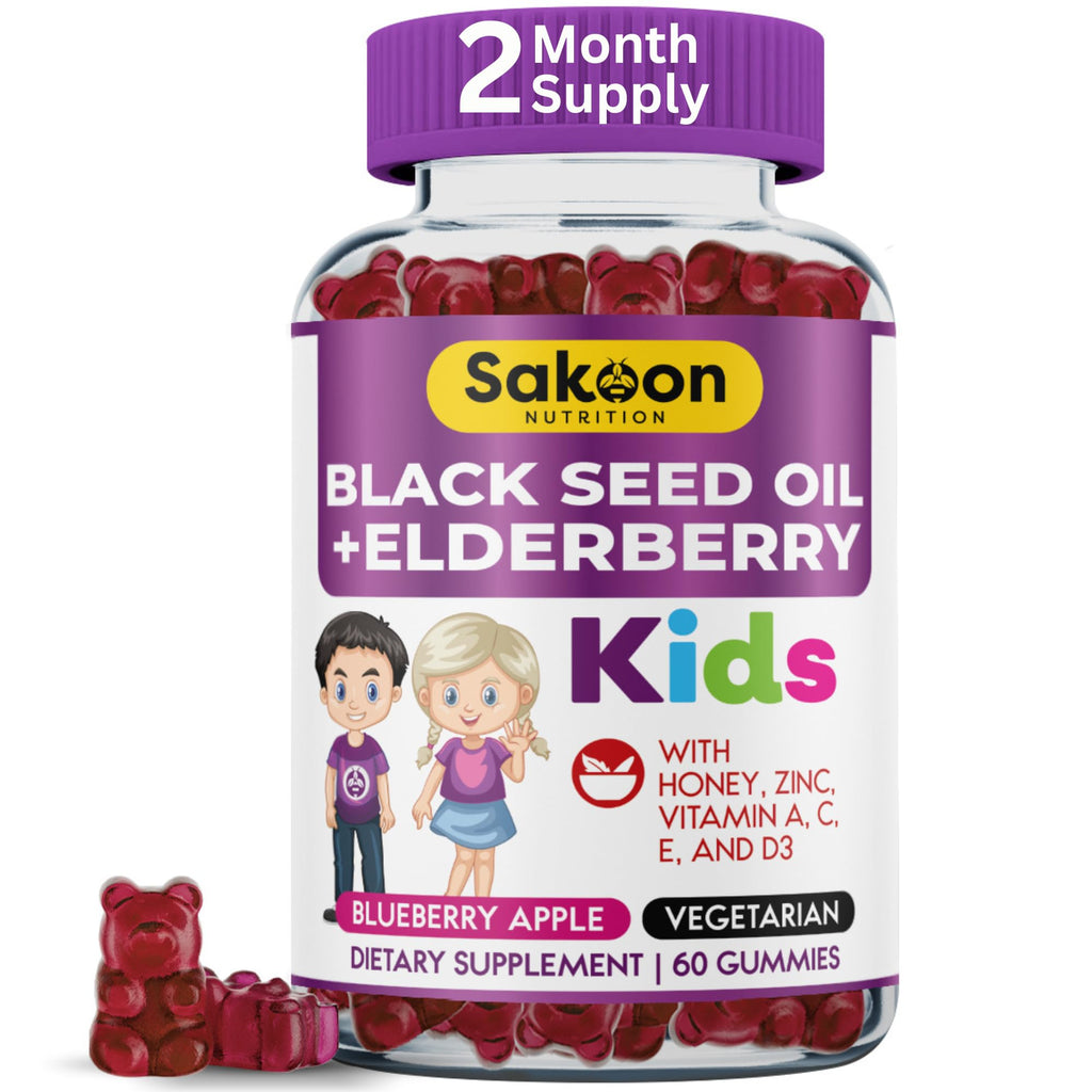 Sakoon nutrition Elderberry Gummies for Kids with Black Seed Oil, Immune Support, with Vitamin C and Zinc, Delicious Berry Flavor, 60 Gummies