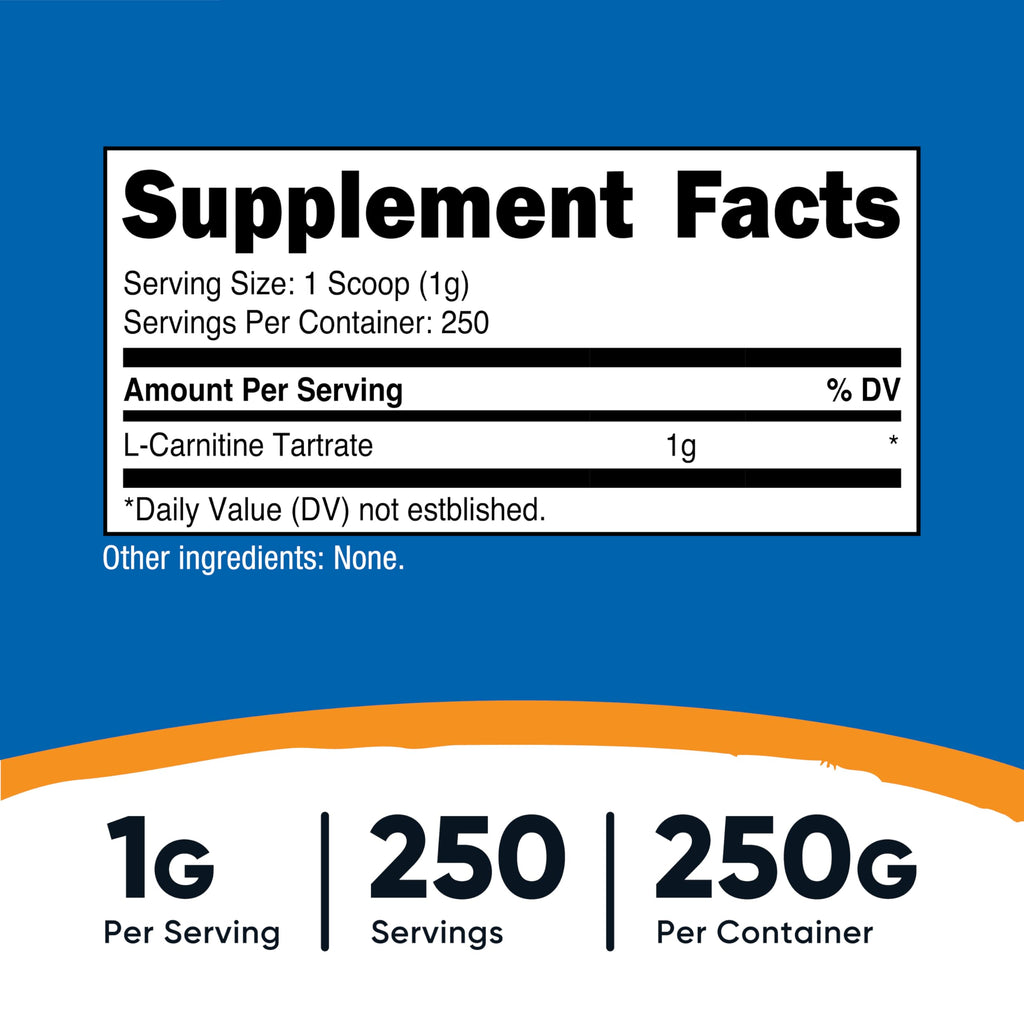 Nutricost L-Carnitine Tartrate Powder (250 Grams) 250 Servings | 1 Gram Per Serving