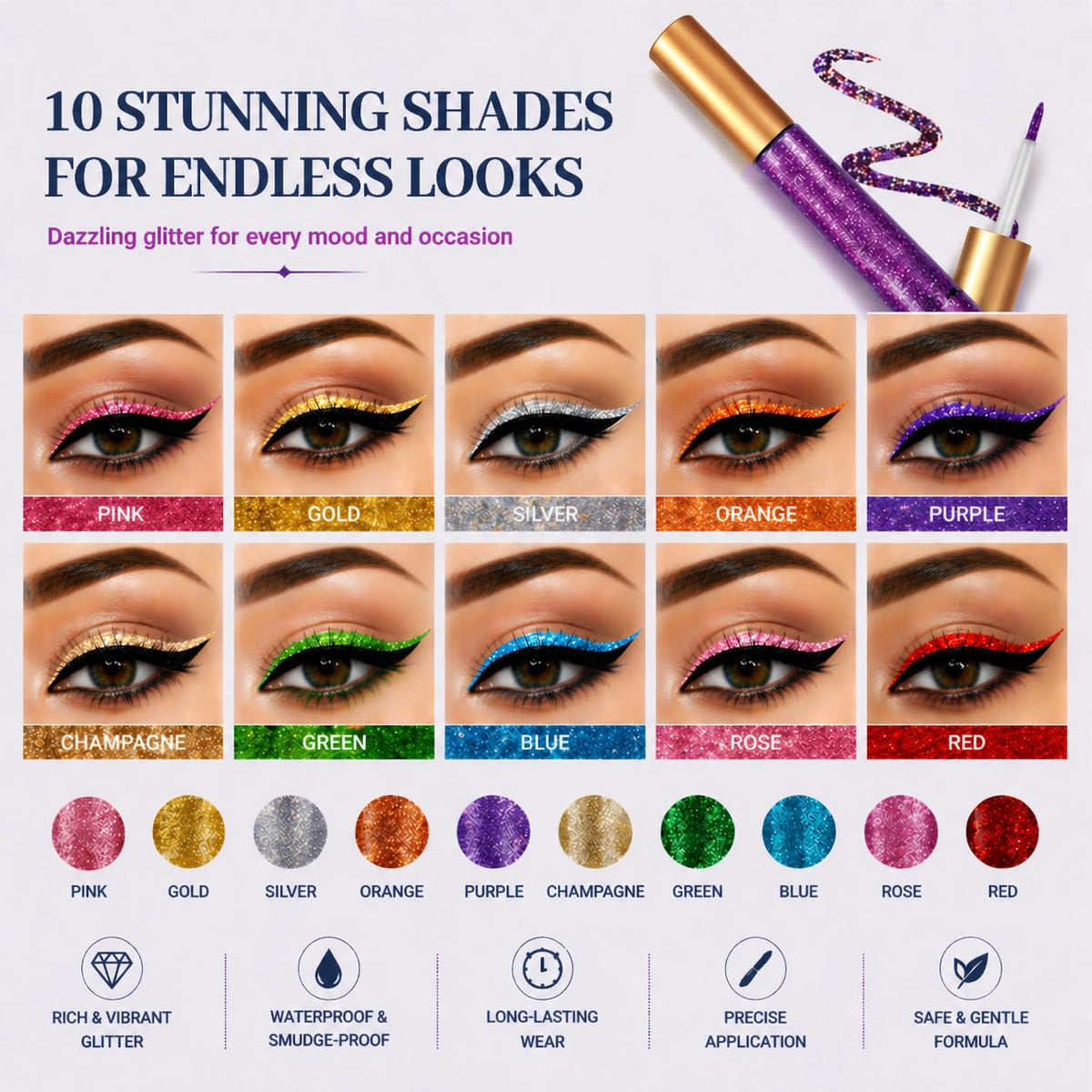 10 Colors Liquid Glitter Eyeliner, Metallic Shimmer Waterproof Makeup