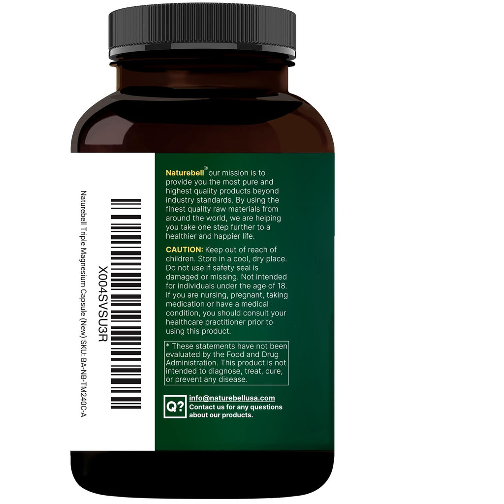 NatureBell Triple Magnesium Complex, Glycinate Citrate Malate, 240 Capsules | 1,000 mg Blend Per Serving. 3-in-1 Chelated Magnesium Supplement with Vitamin C. For Women & Men. Filler Free, Non-GMO.