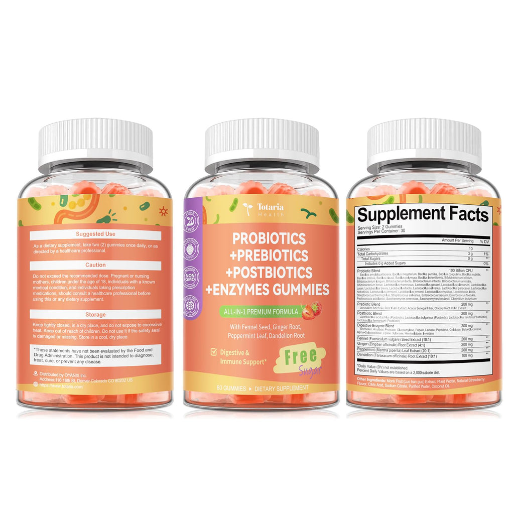 Totaria Sugar Free 5-in-1 Probiotic Prebiotic Postbiotic Gummy, 36 Strains Probiotics for Women Men with Fiber, Digestive Enzymes, Peppermint, Complete Immune, Gut & Digestive Support, Vegan, 60 Ct