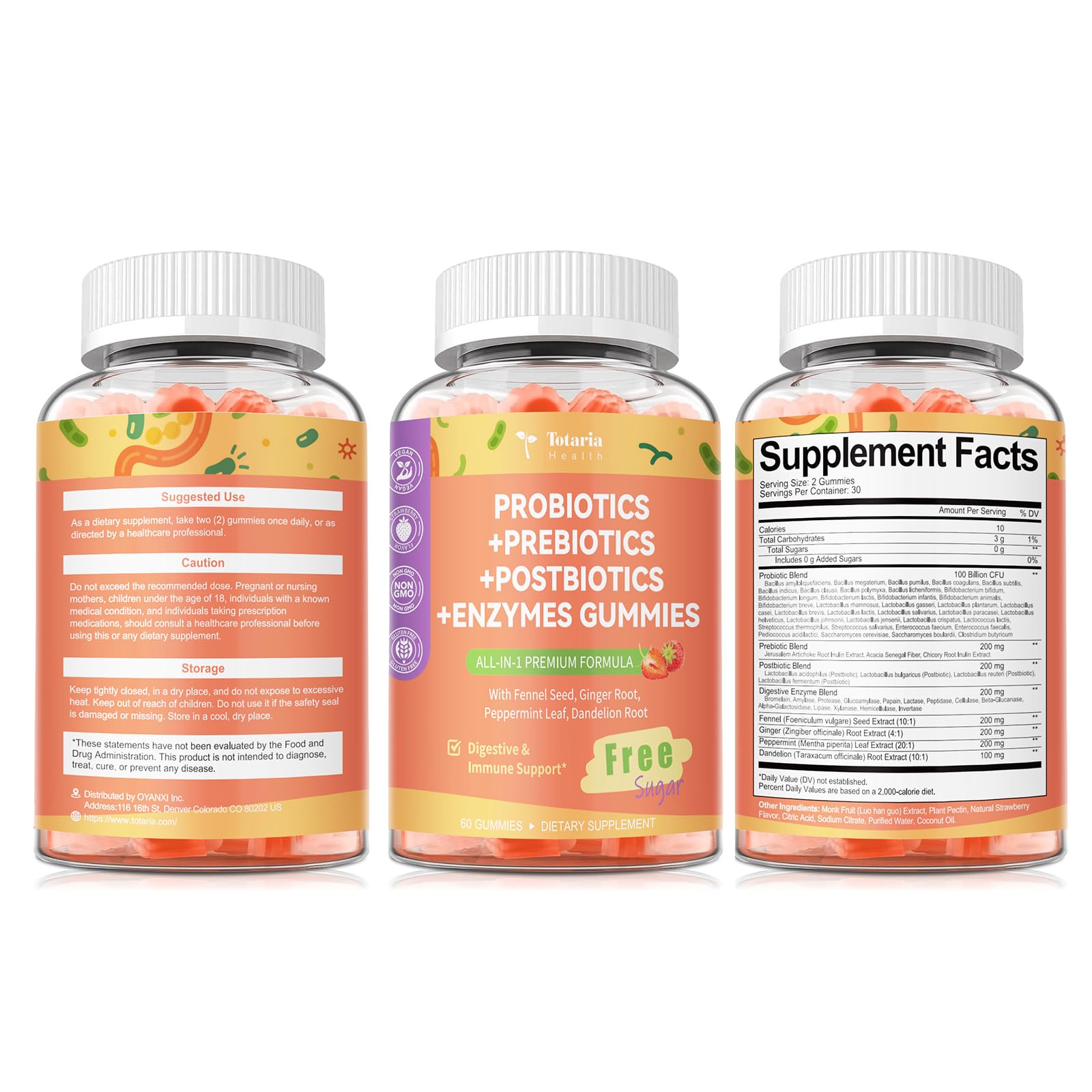 Totaria Sugar Free 5-in-1 Probiotic Prebiotic Postbiotic Gummy, 36 Strains Probiotics for Women Men with Fiber, Digestive Enzymes, Peppermint, Complete Immune, Gut & Digestive Support, Vegan, 60 Ct