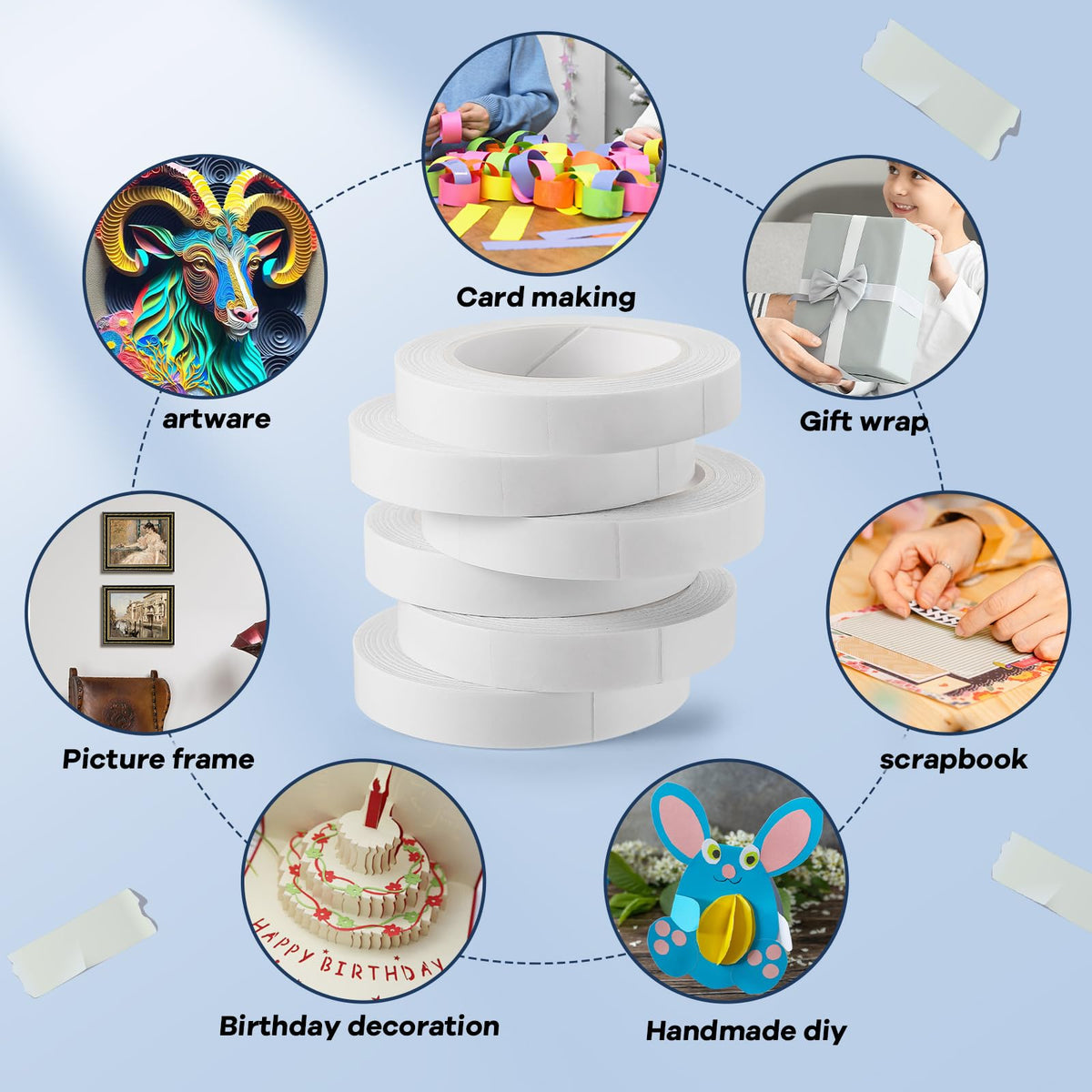 6 Rolls Double Sided Tape for Crafts, Strong Double-Sided Tape, Artist Tape, Double-Sided Adhesive Tape for Arts, Card Making, Scrapbooking Supplies, Gift Wrapping (0.4 in X 26.25Ft)