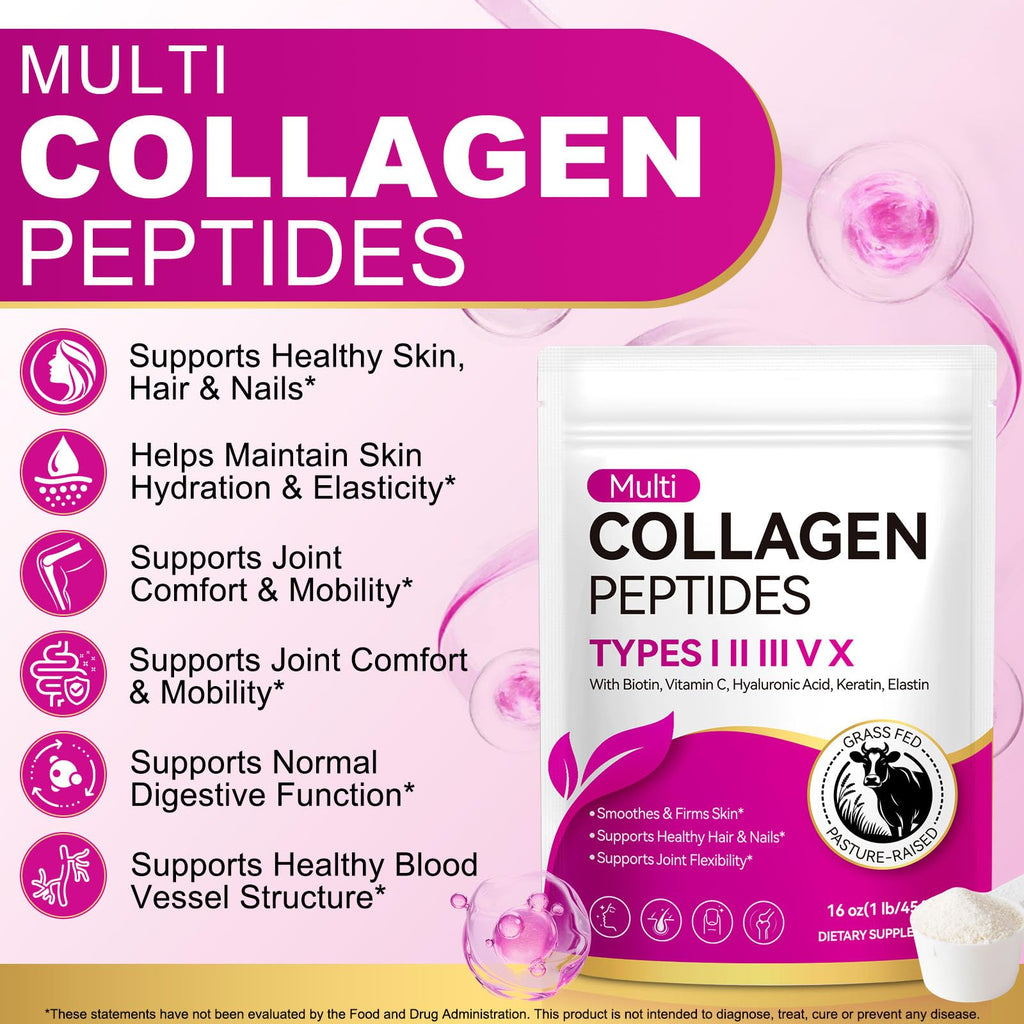 Multi Collagen Peptides Powder,Type I, II, III, V, X,with Biotin,Vitamin C,Hyaluronic Acid,Supports Healthy Joint, Hair, Skin & Nail Support,Grass-Fed, Non-GMO,16oz