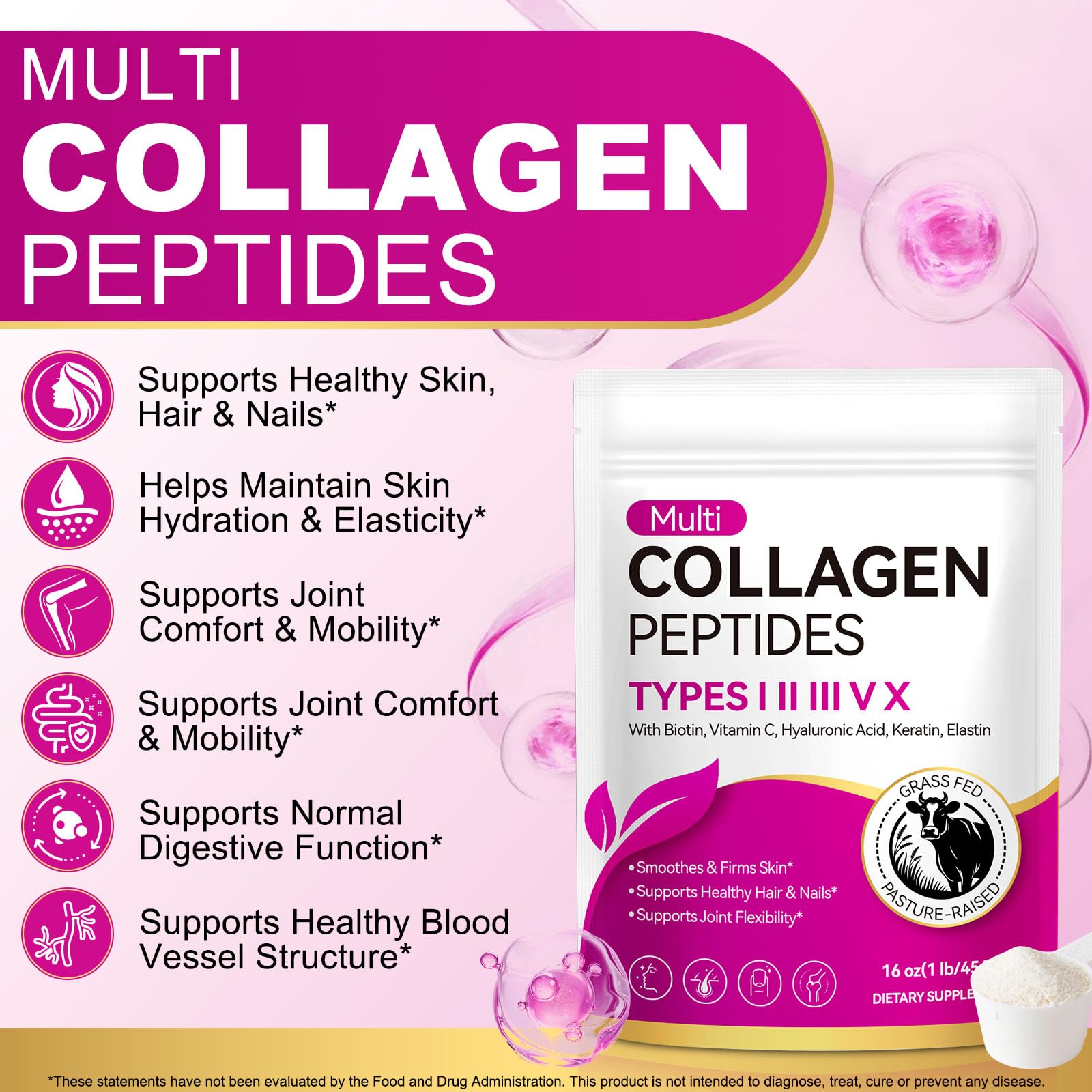 Multi Collagen Peptides Powder,Type I, II, III, V, X,with Biotin,Vitamin C,Hyaluronic Acid,Supports Healthy Joint, Hair, Skin & Nail Support,Grass-Fed, Non-GMO,16oz