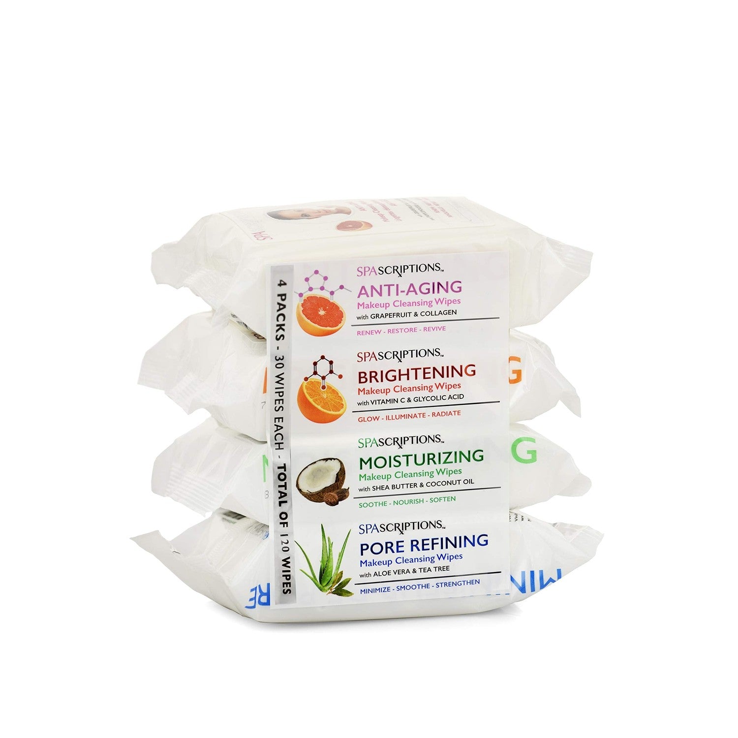Buy now Spascriptions™ Anti-Aging, Brightening, Moisturizing & Pore Refining Towelettes Removes Waterproof Makeup, Revives with Collagen, Vitamin C, Coconut Oil, and Aloe Hypoallergenic, 120 Ct. 4 Pack at indiglob india