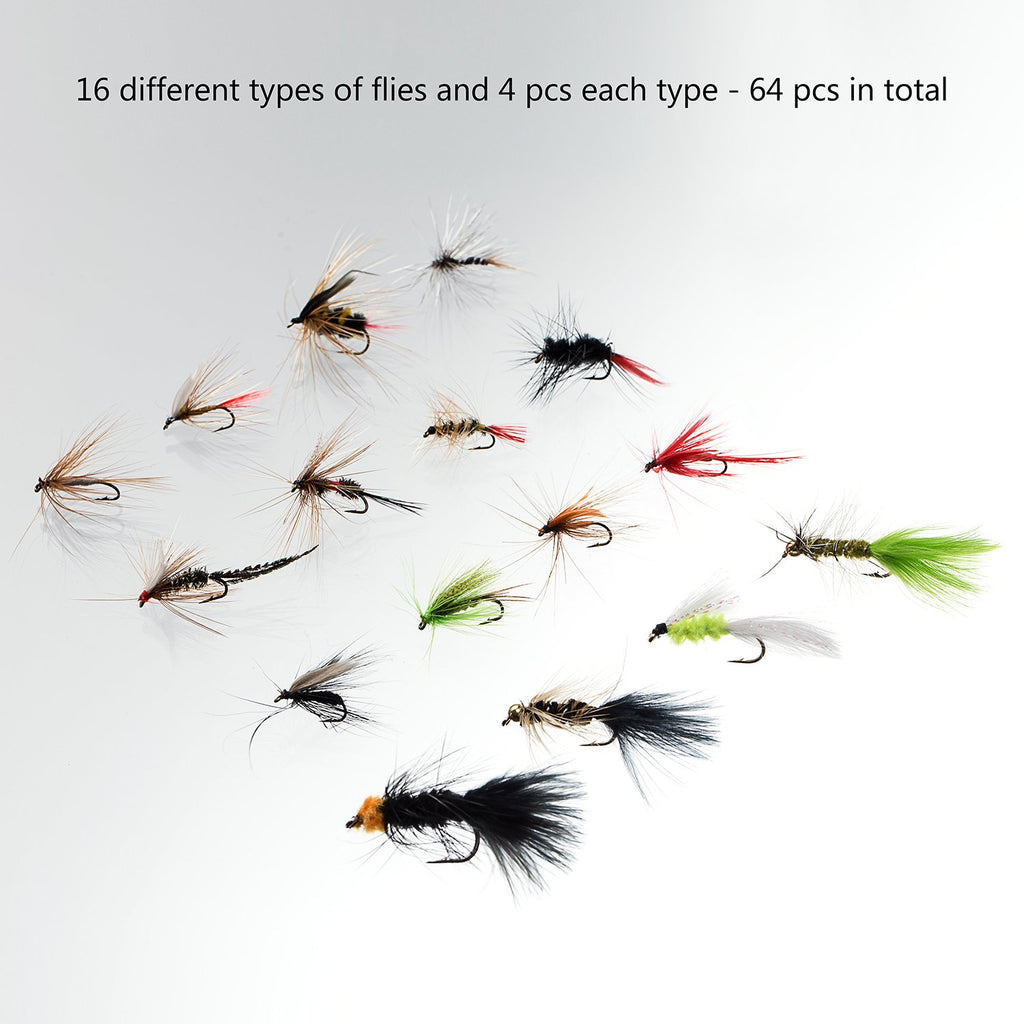 Bassdash Fly Fishing Assorted Flies Kit, Pack of 64 pcs Fly Lure Including Dry Flies, Wet Flies, Nymphs, Streamers, Terrestrials, Leeches and More, with Magnetic Fly Box
