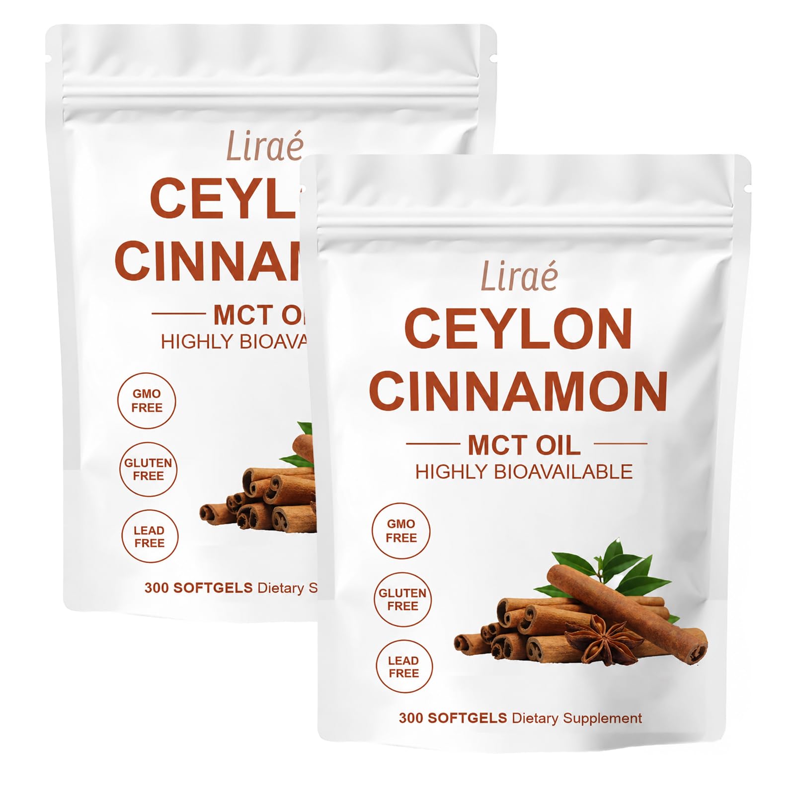 LIRAE Ceylon Cinnamon SoftGels with MCT Oil, Highly Bioavailable Herbal Extract, Non-GMO, Gluten Free - 300 Softgels (1)