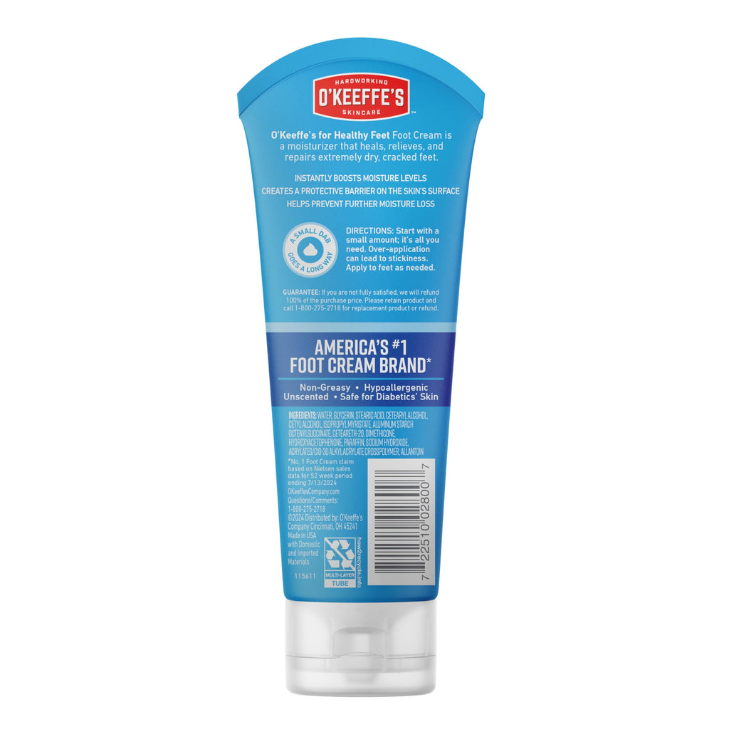 O'Keeffe's for Healthy Feet Foot Cream, 3 oz Tube, 2-Pack, Non-Greasy | for Extremely Cracked, Dry Feet, Hypoallergenic, Unscented, Instantly Boosts and Retains Moisture Levels