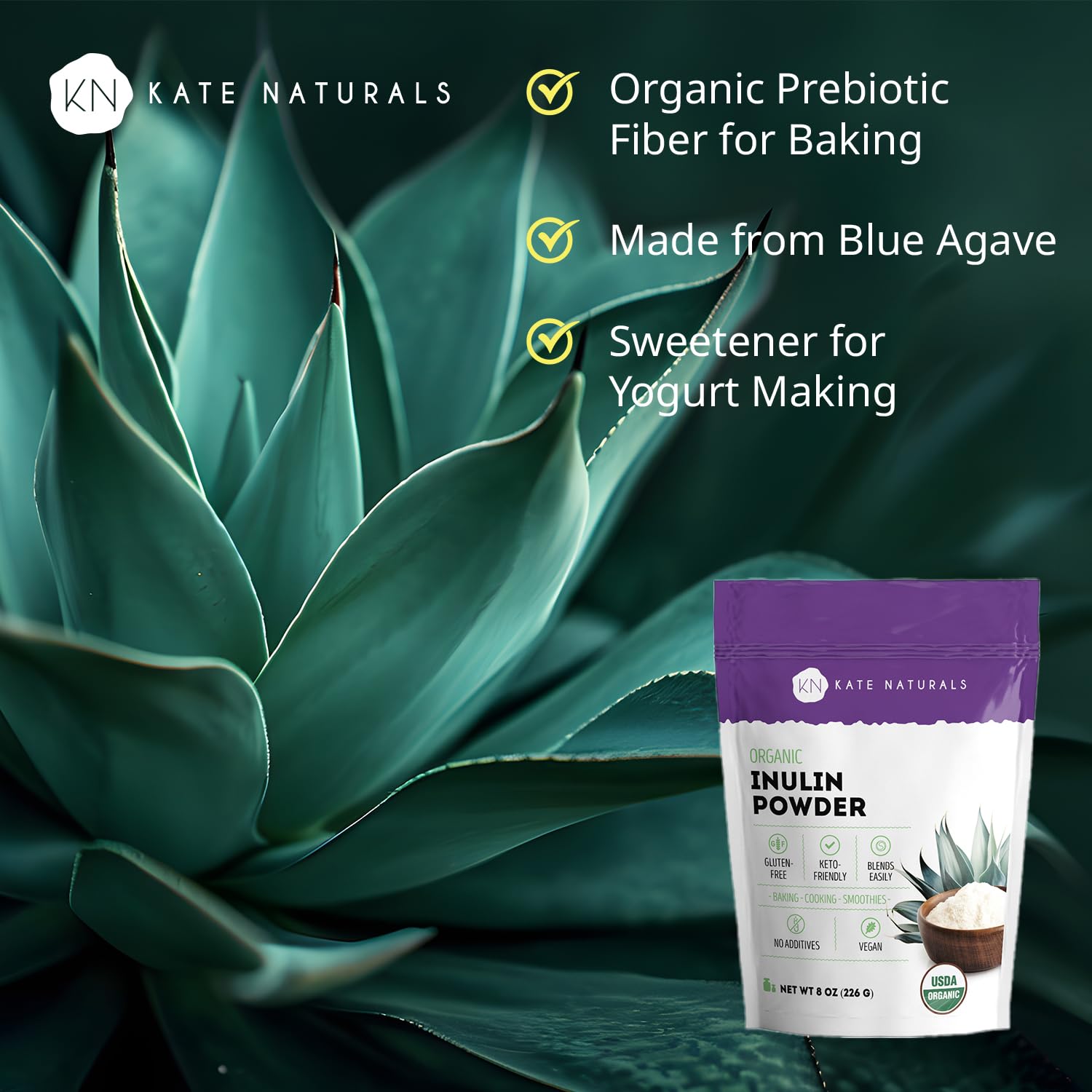 Kate Naturals Inulin Powder Organic from Blue Agave (8oz) | Soluble Prebiotic Fiber for Coffee, Yogurt & Smoothies